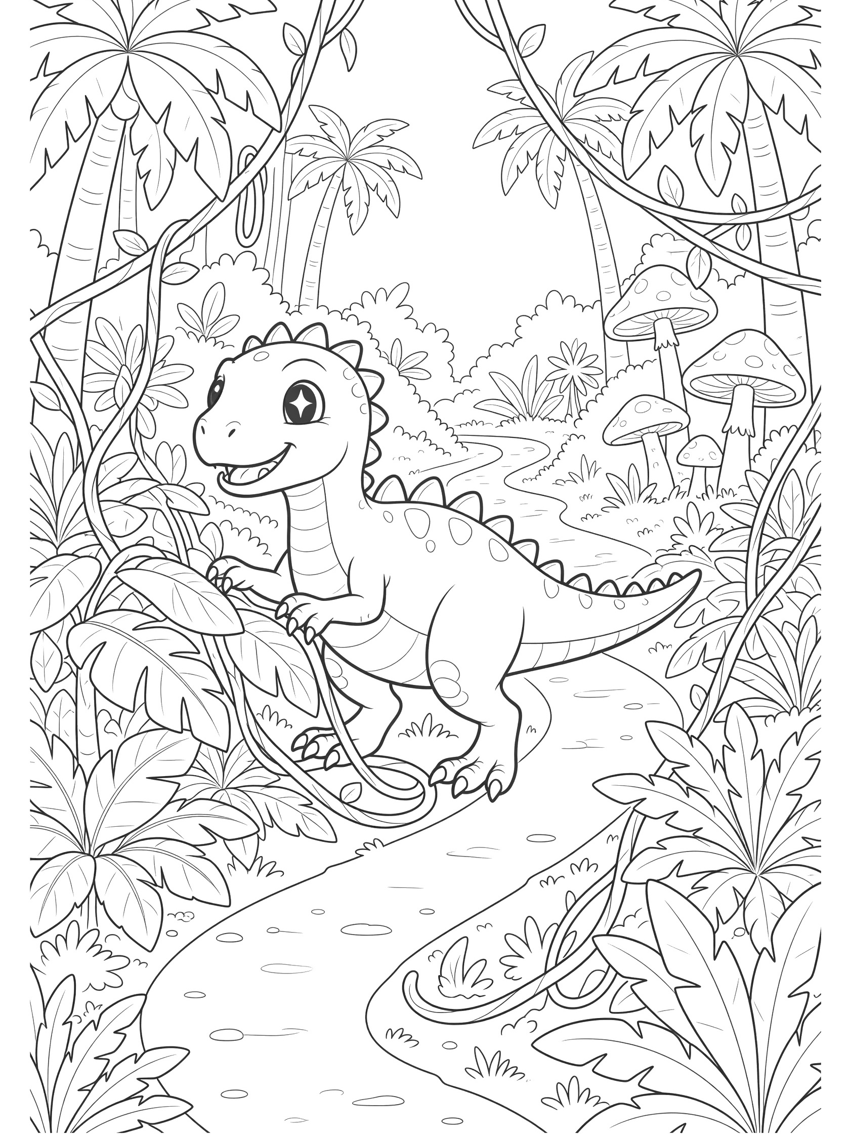 Cute cartoon Spinoraptor dinosaur with sparkling eyes, friendly smile, and spiny plates walking on a jungle trail, pushing big leaves, surrounded by ferns, palm trees, vines, and mushrooms coloring page