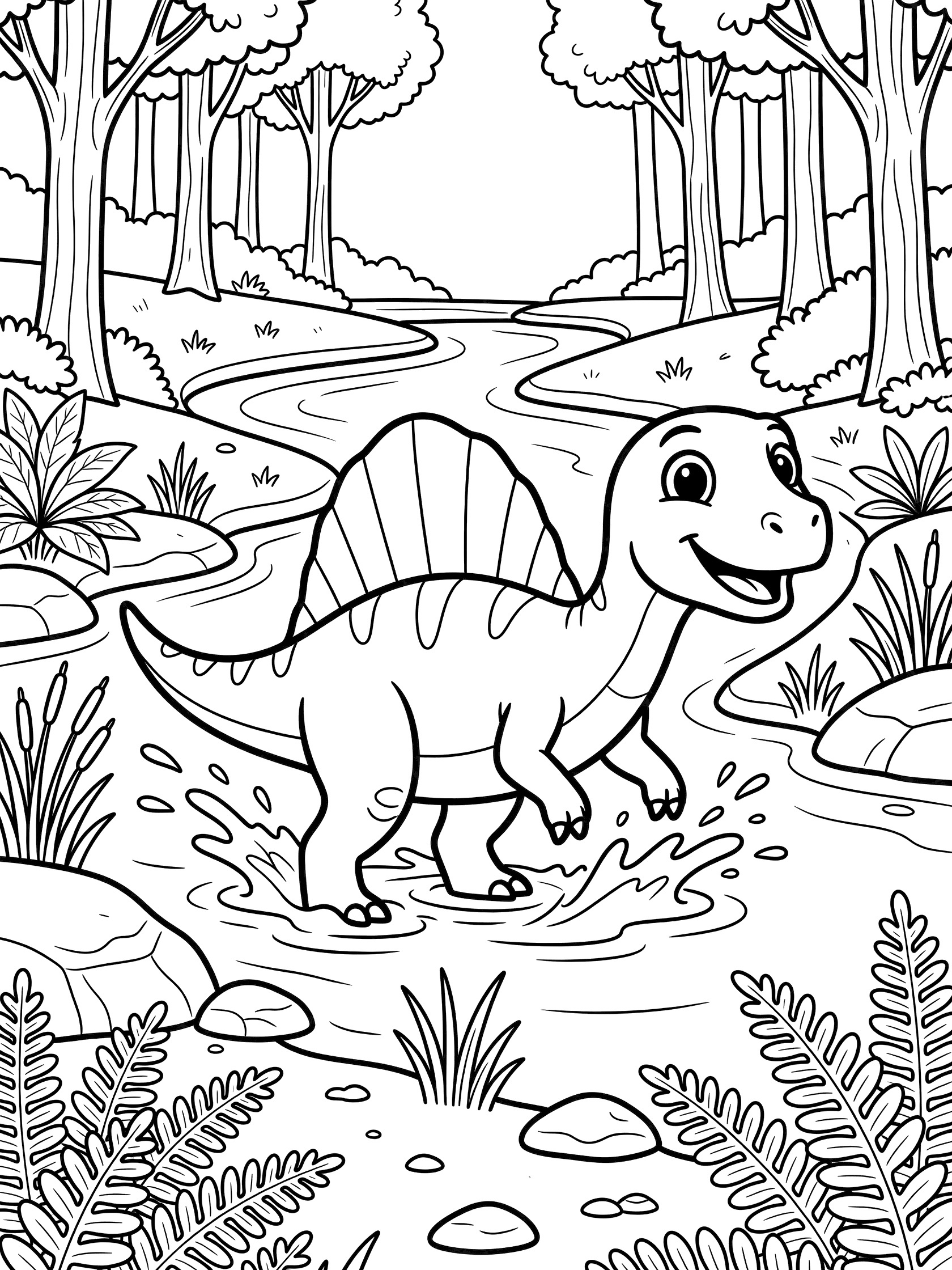 Black and white coloring page of a smiling Spinosaurus dinosaur crossing a winding river with water splashes, rocky bottom, reeds, ferns, and forest background.