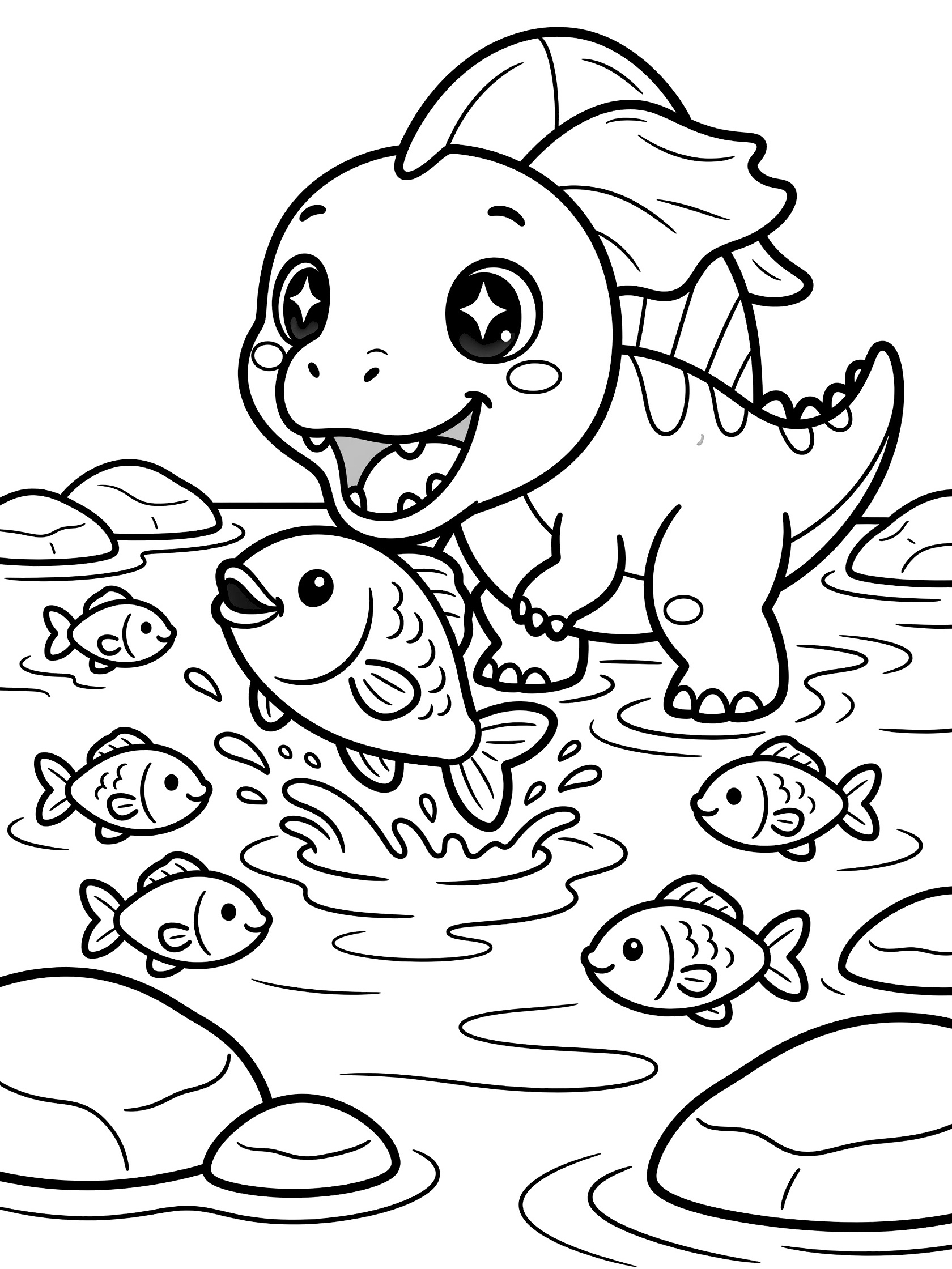 Cute chubby Spinosaurus with big sparkling eyes and floppy sail fin leaning over river water to catch a happy jumping fish, surrounded by smaller fish and rocks, black-and-white line art coloring page