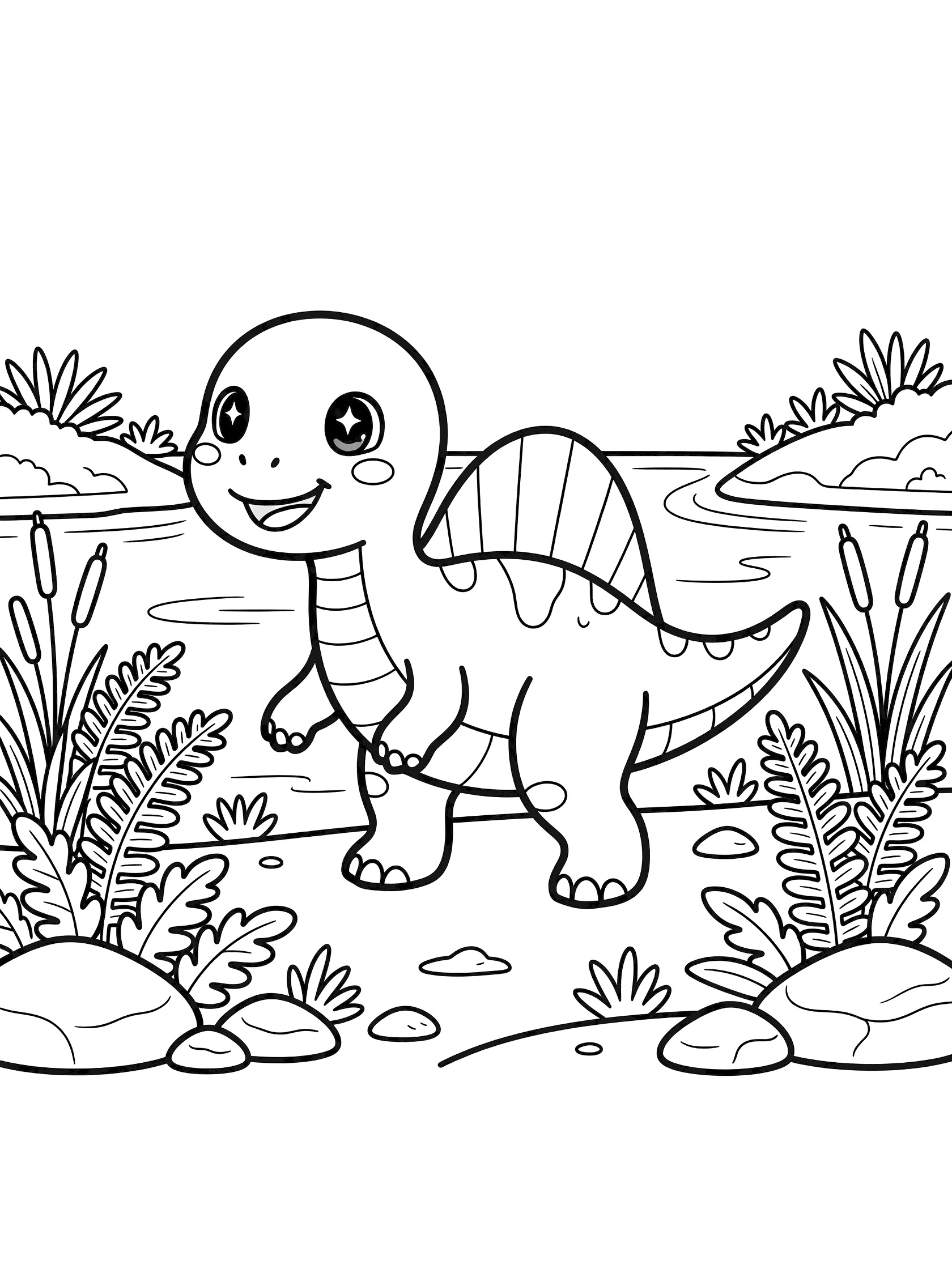 Black and white line art of a kawaii Spinosaurus walking mid-stride through a riverside with ferns, reeds, rocks and wavy river. Big sparkling eyes, rosy cheeks outline, friendly smile and tall back sail.