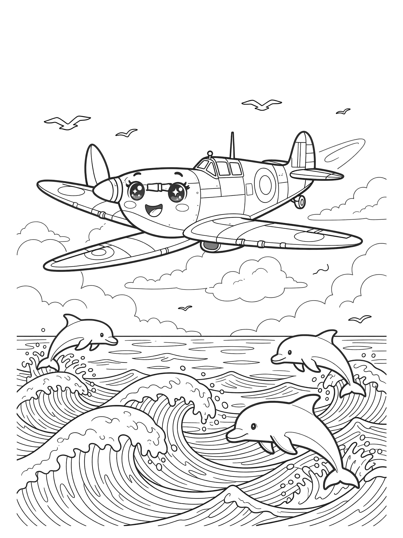Cute Spitfire plane with sparkling eyes flying over ocean with dolphins, waves, seagulls and clouds - printable coloring page