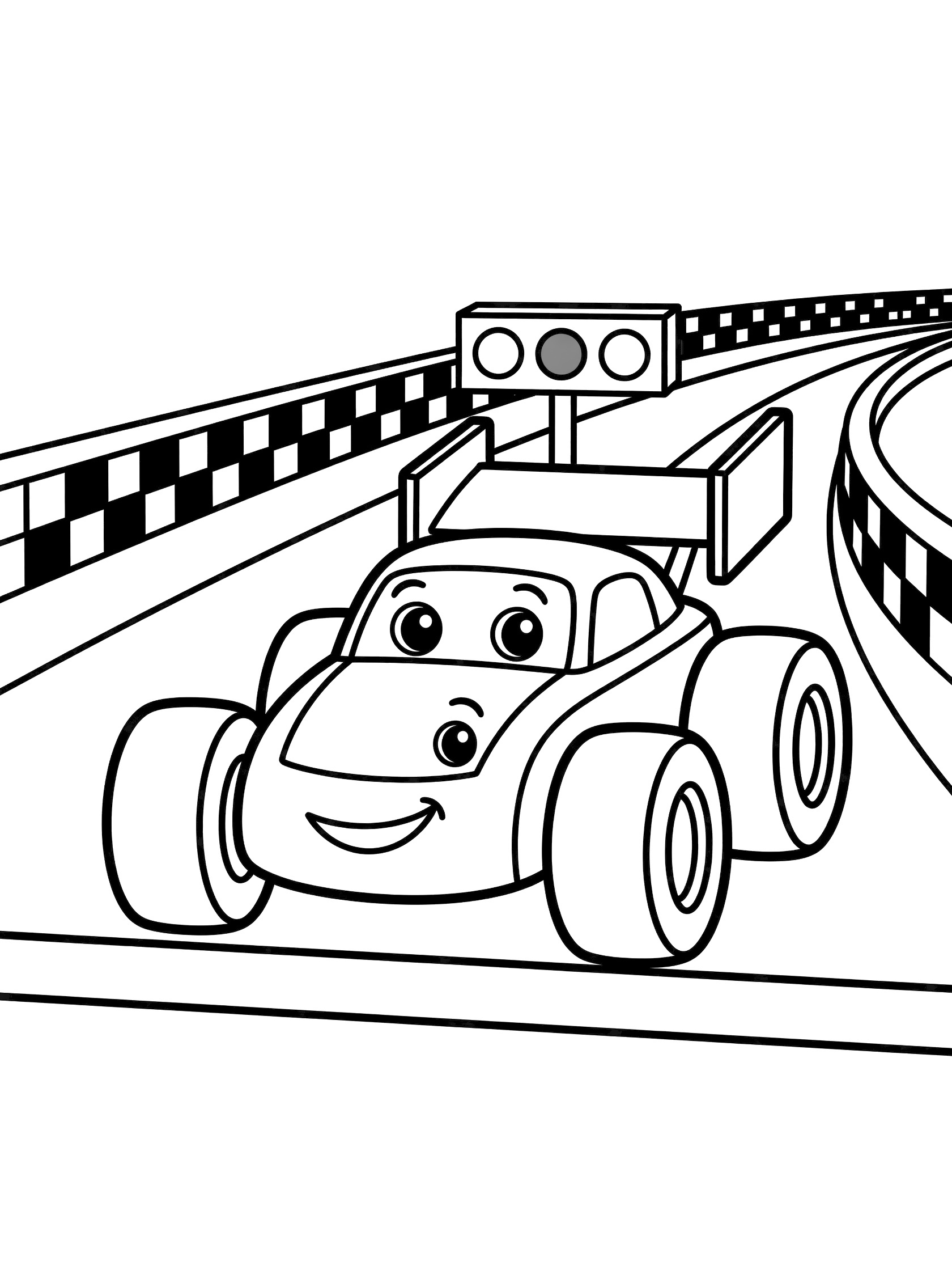 Black and white coloring page of a friendly sprint car with sparkling eyes, oversized tires, and wings at the racetrack starting line with green lights and checkered patterns.