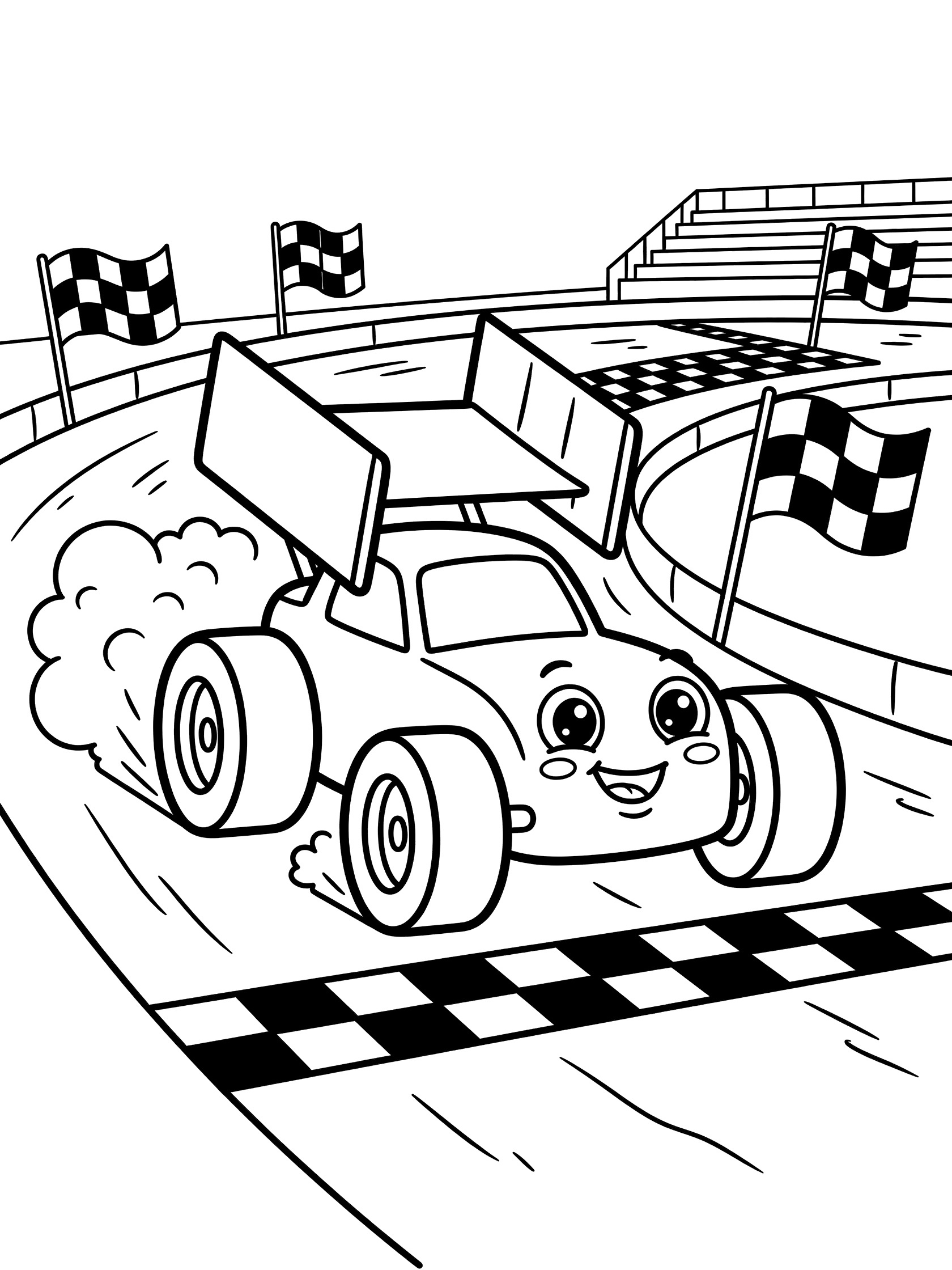 Black and white line art of a cute sprint car with sparkling eyes, rosy cheeks, and open smile racing over checkered finish line on dirt track with flags and grandstands.