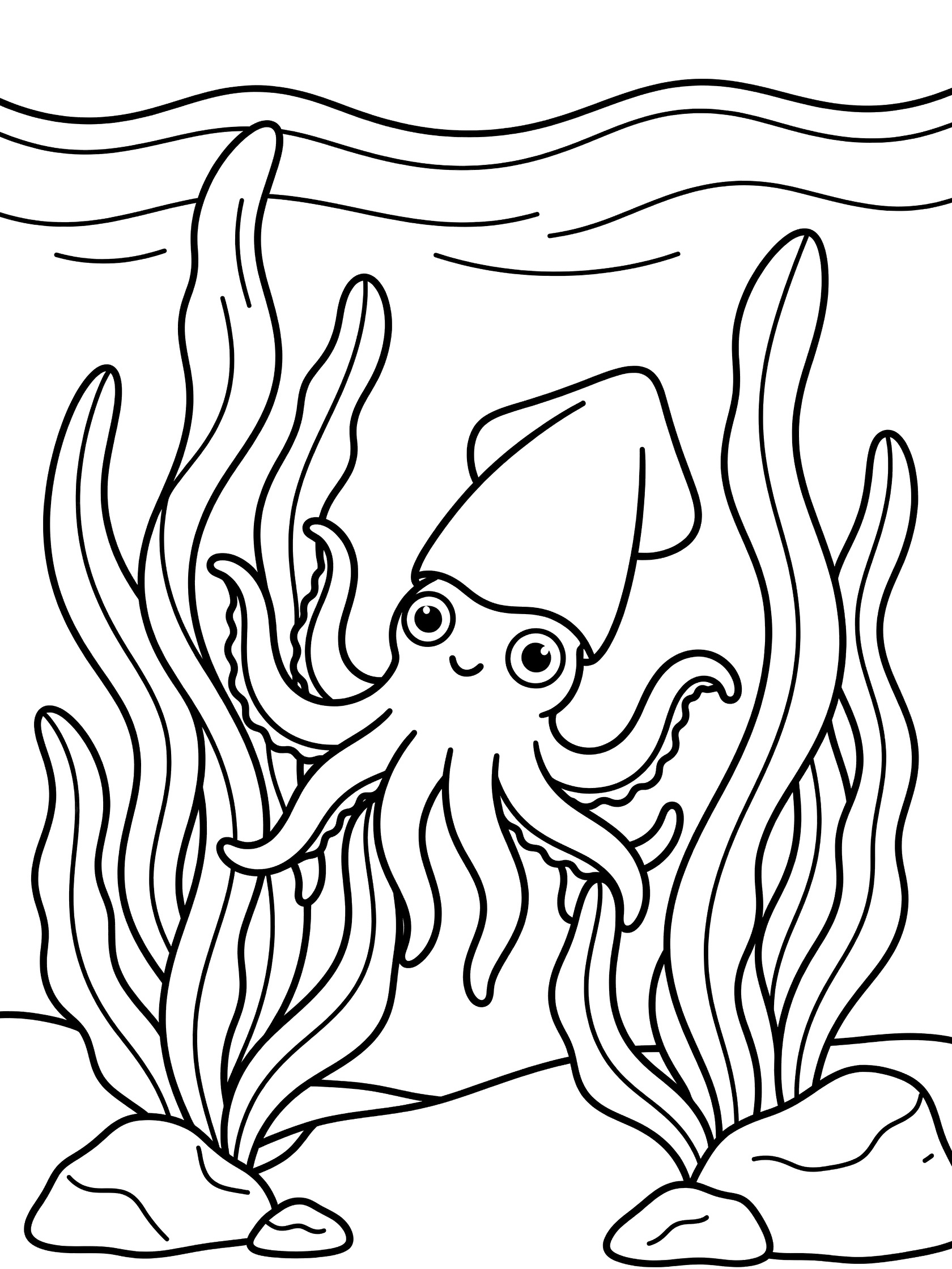 Black and white line art coloring page showing a happy squid with big eyes peeking out from tall seaweed fronds, gentle waves above, and small rocks below.