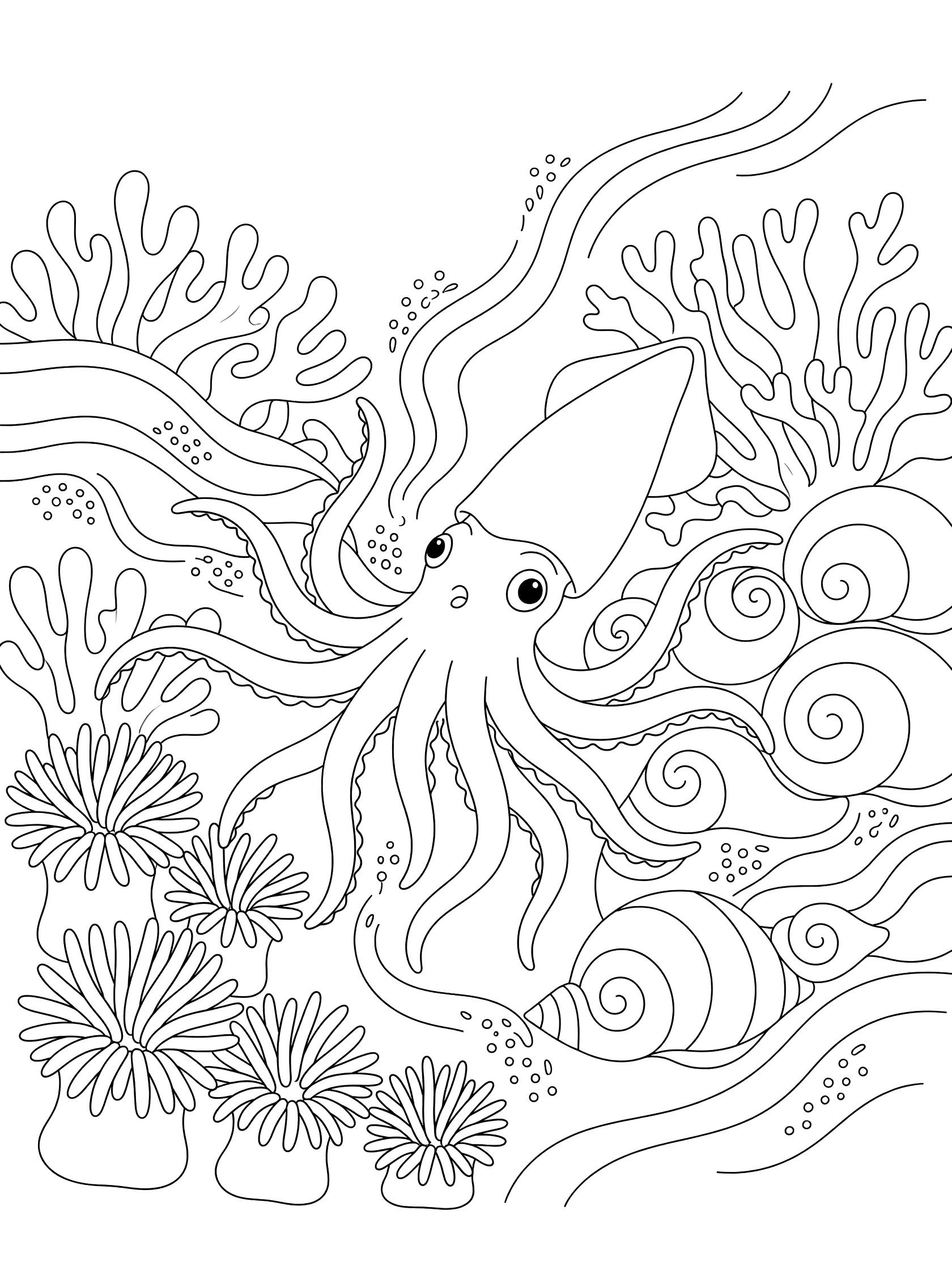 Black and white line art coloring page showing a curious squid with tentacles reaching toward coral reefs, seashells, and wavy ocean currents.