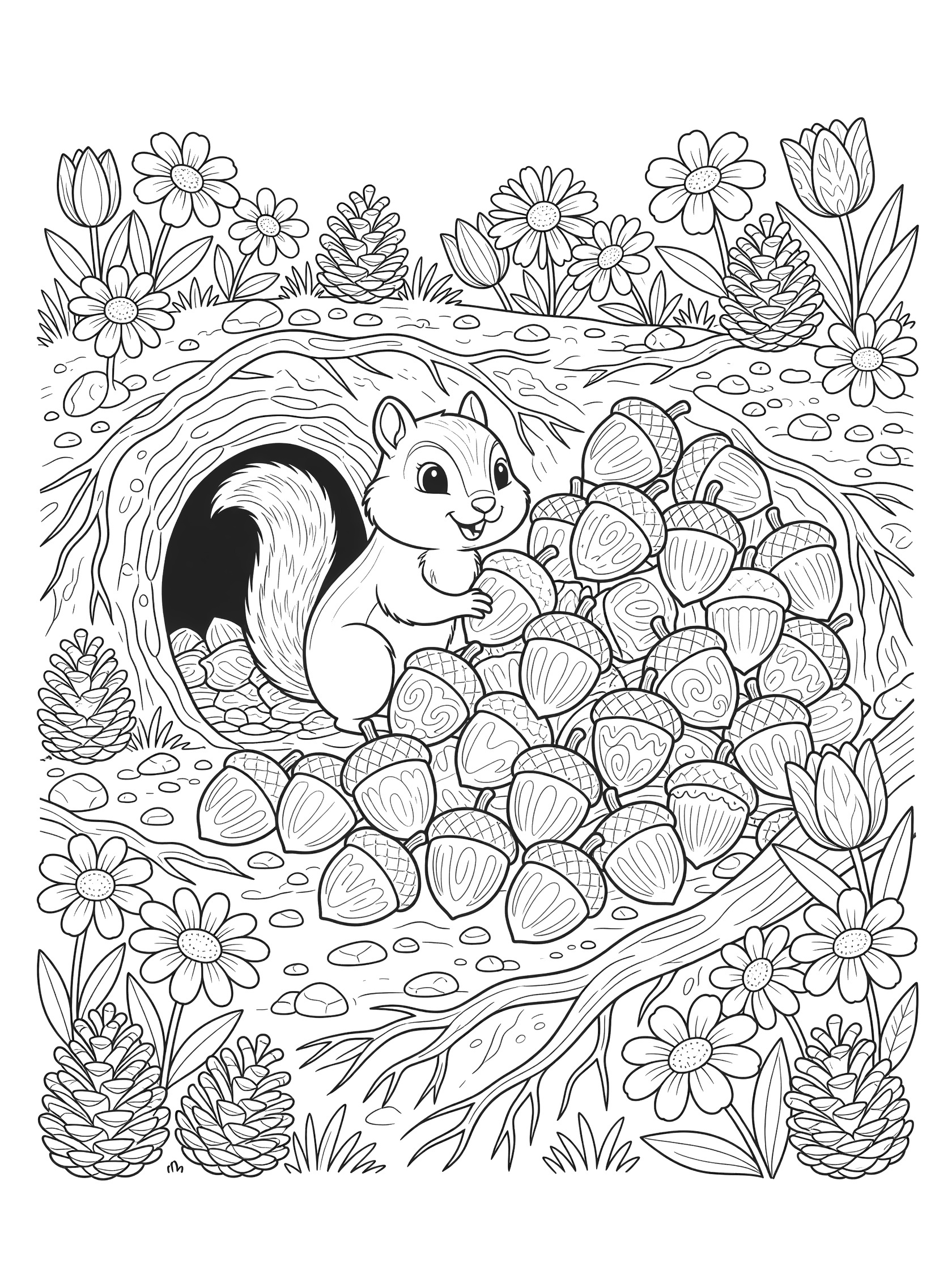 Black and white line art coloring page showing a cute squirrel holding acorns next to a large pile at burrow entrance, with flowers, pinecones, and textured ground.