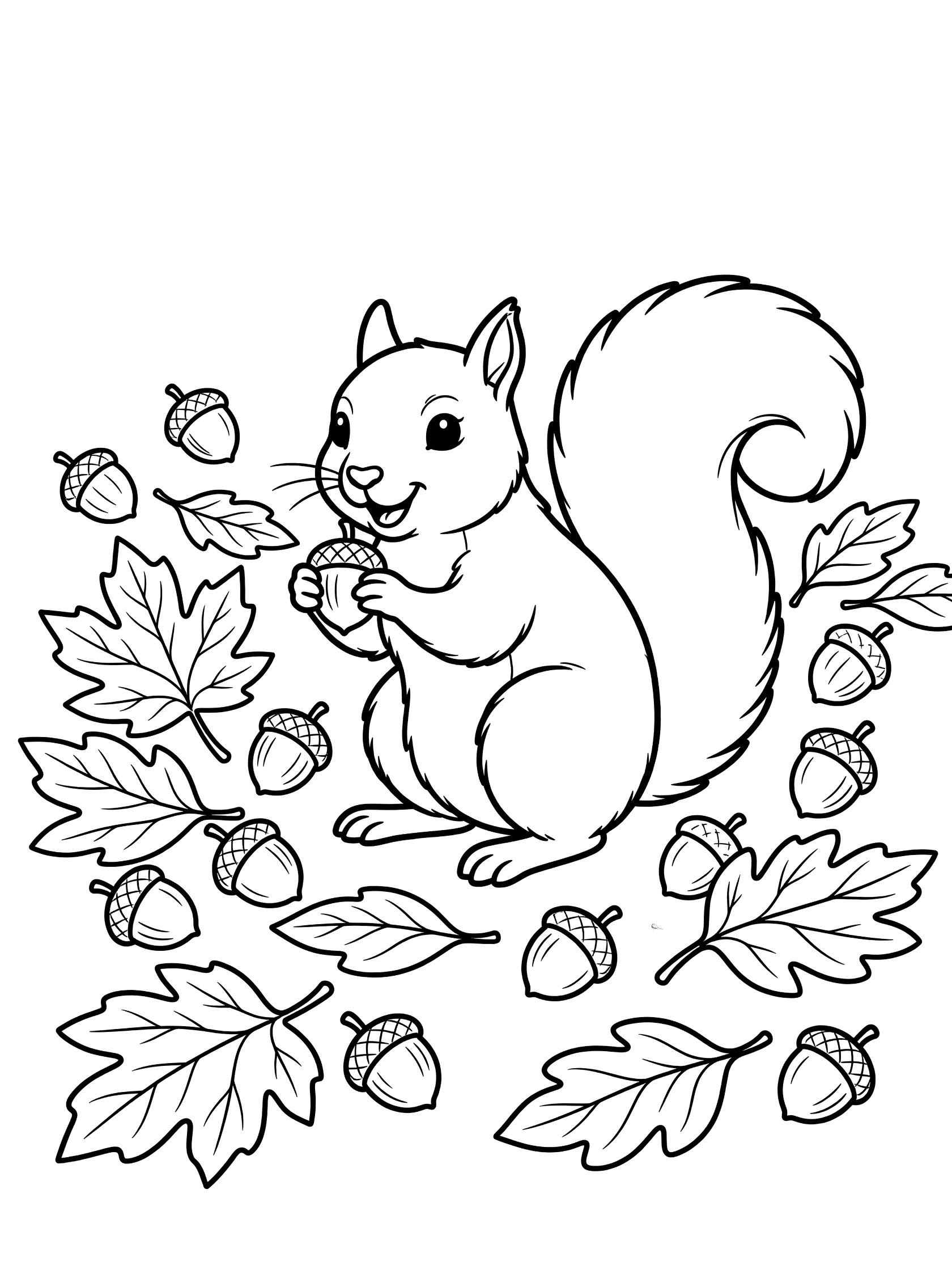 Black and white line art coloring page showing a happy squirrel gripping an acorn in its paws, bushy tail curled up, with acorns and autumn leaves around on the forest floor.