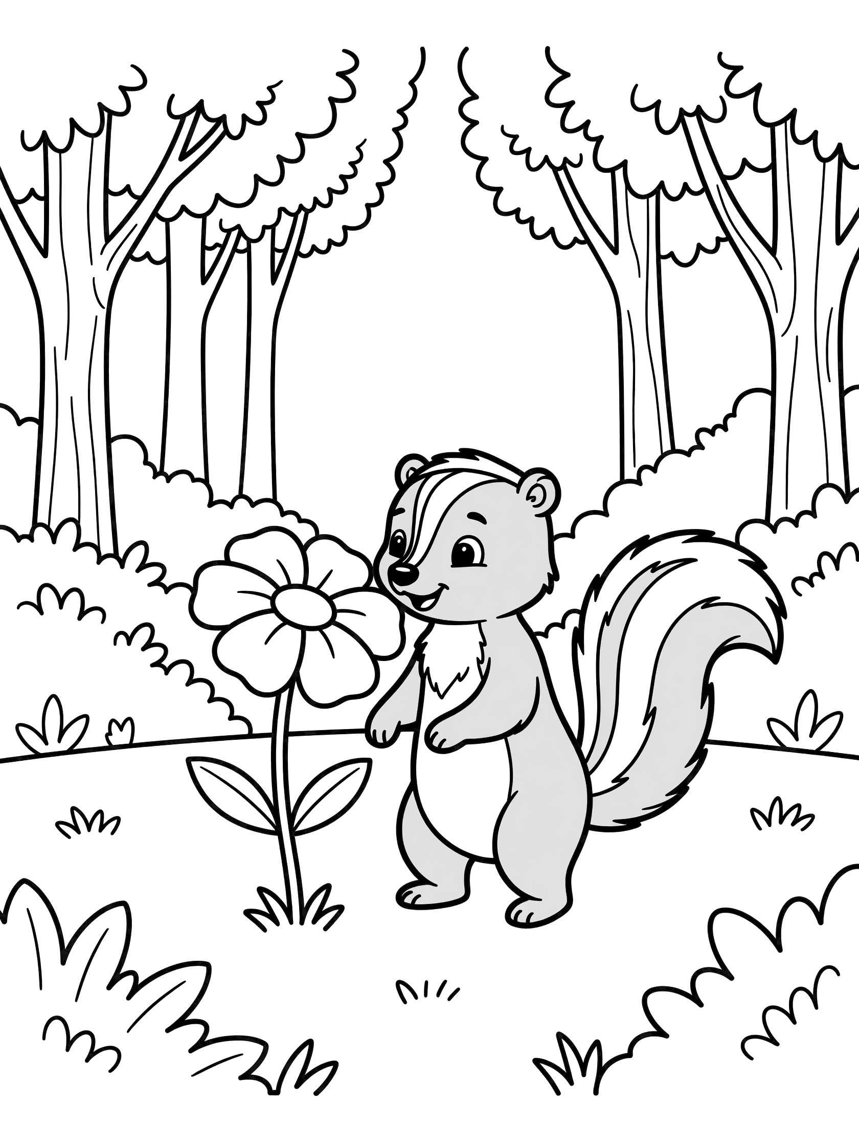 Black and white line art coloring page showing a happy squirrel on hind legs holding a large flower, surrounded by simple trees and bushes in a forest. Skunk themed black and white printable line art