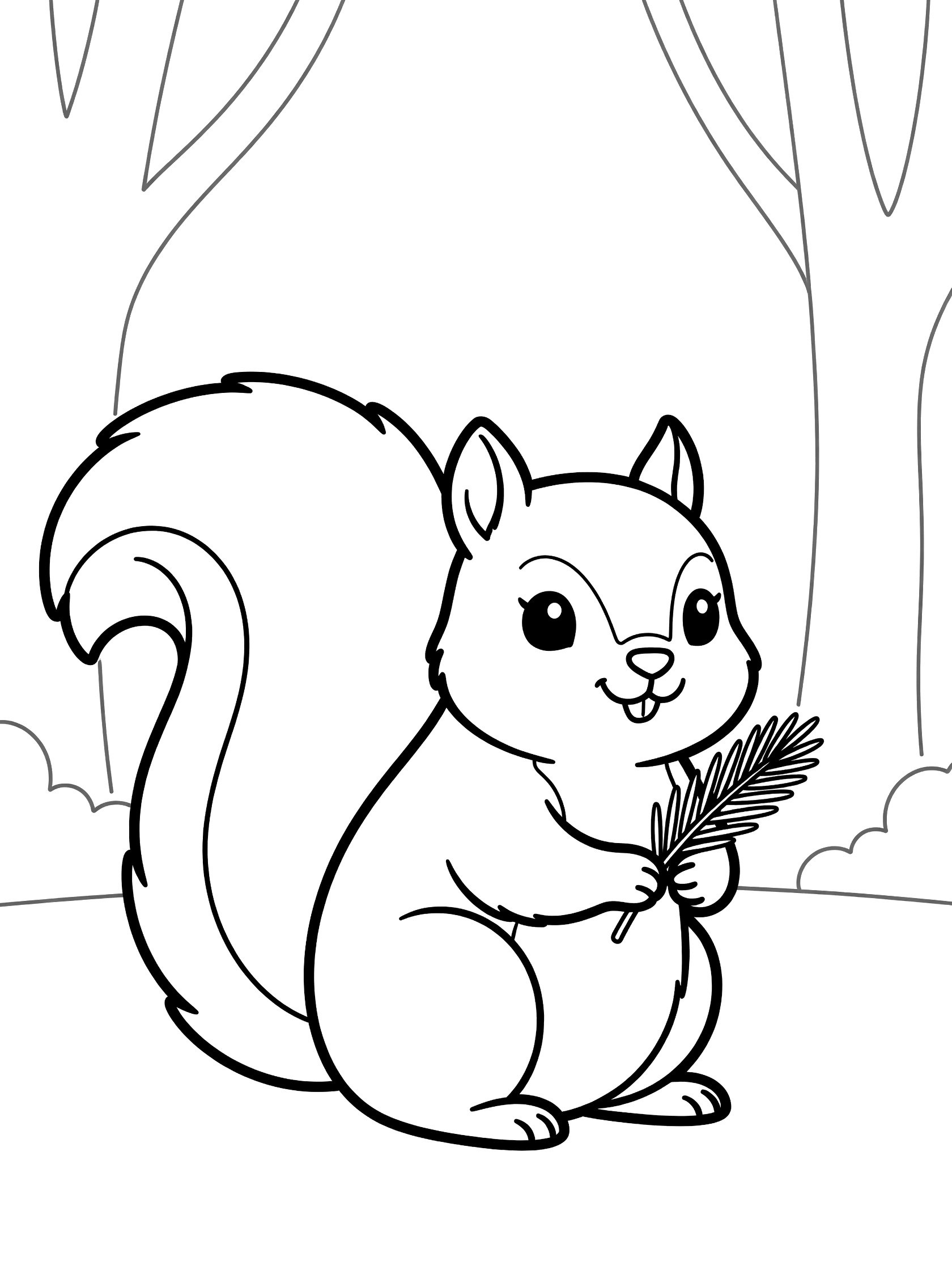 Black and white printable coloring page showing a cute squirrel with big eyes and fluffy tail holding a pine branch, surrounded by simple trees. Pine Needle themed black and white printable line art