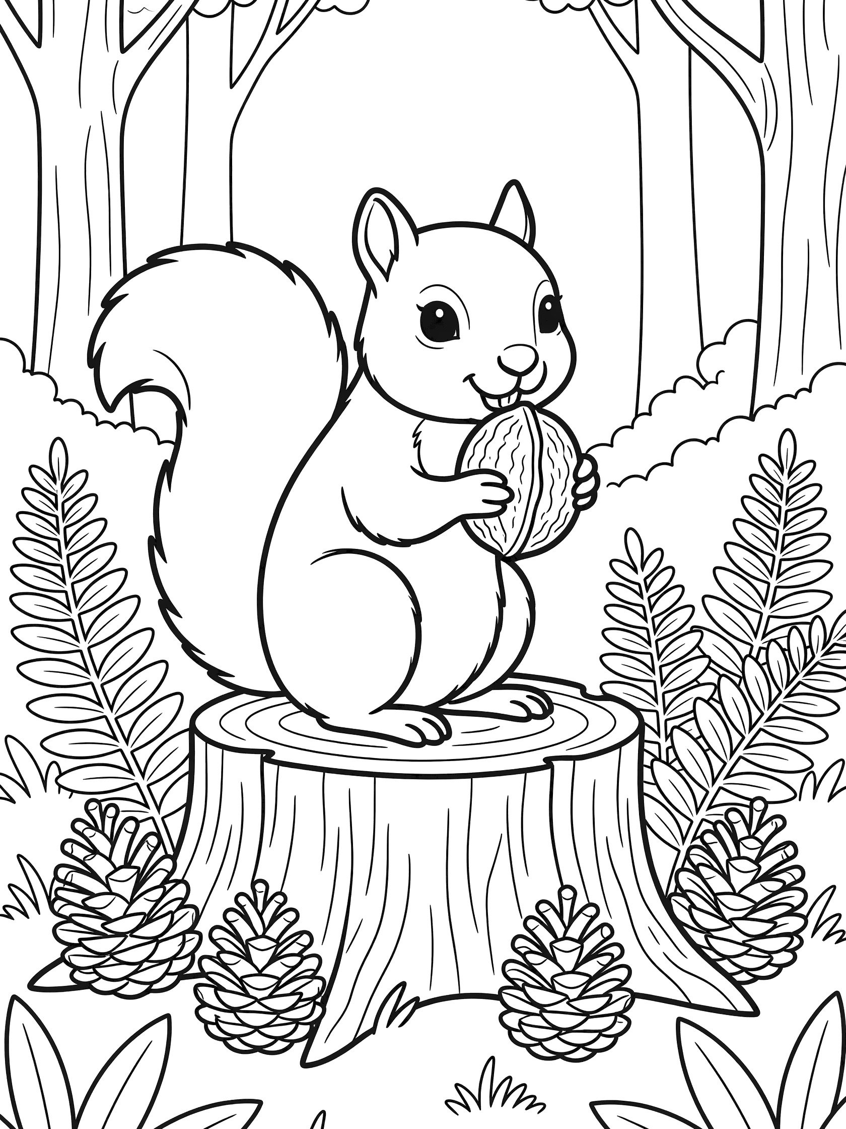 Black and white coloring page of a cute squirrel on a tree stump nibbling a walnut, with pinecones and ferns around in a forest clearing