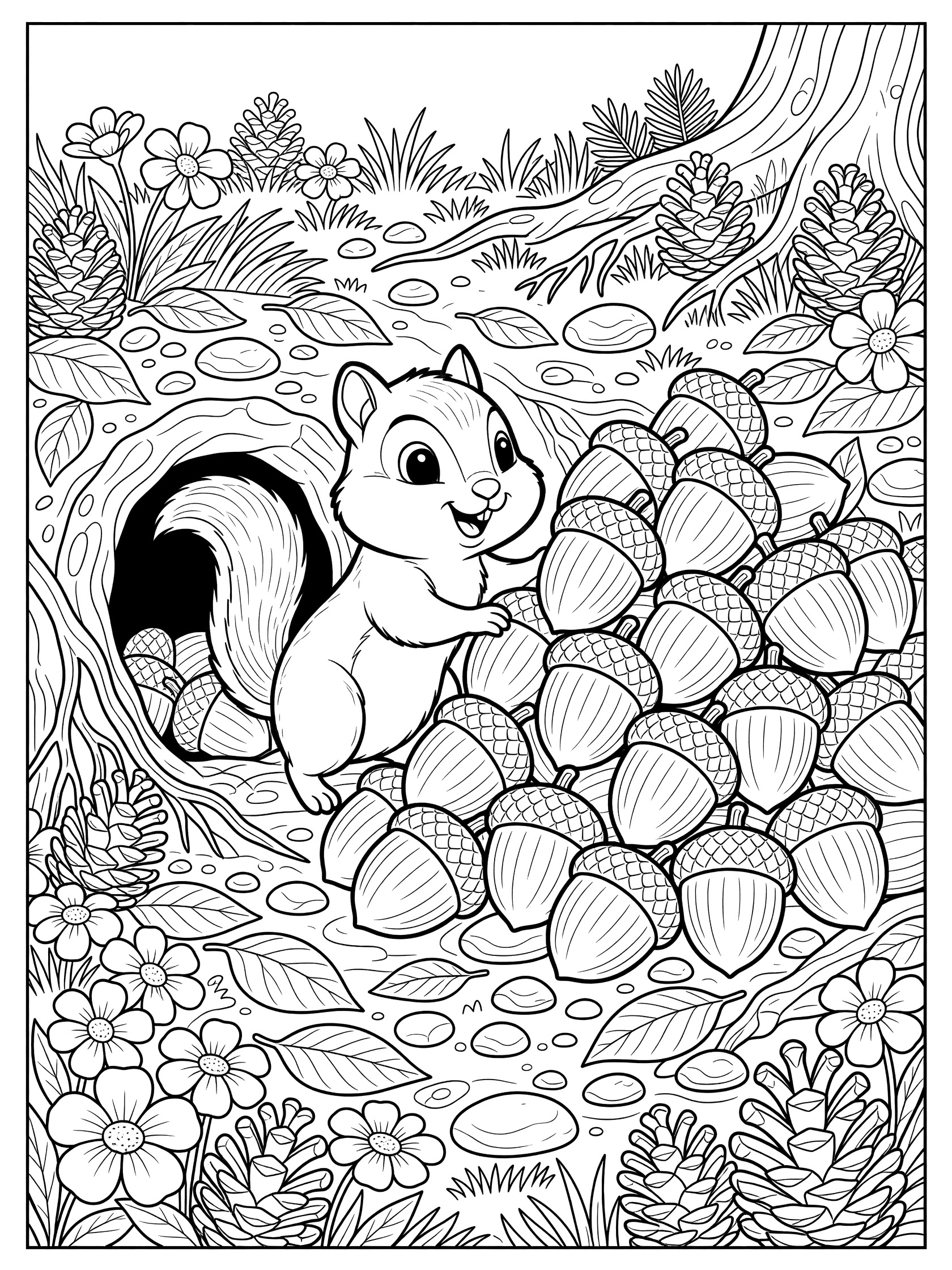 Black and white line art coloring page showing a cute squirrel standing by a large pile of acorns at its burrow entrance, surrounded by forest flowers, pinecones, leaves, grass, rocks, and tree elements. Chipmunk themed black and white printable line art