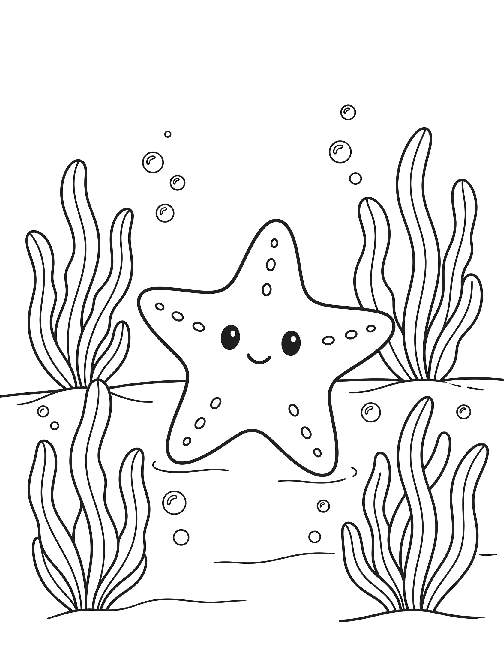 Black and white line art coloring page showing a cute smiling starfish surrounded by swaying seaweed and floating bubbles on a white background.