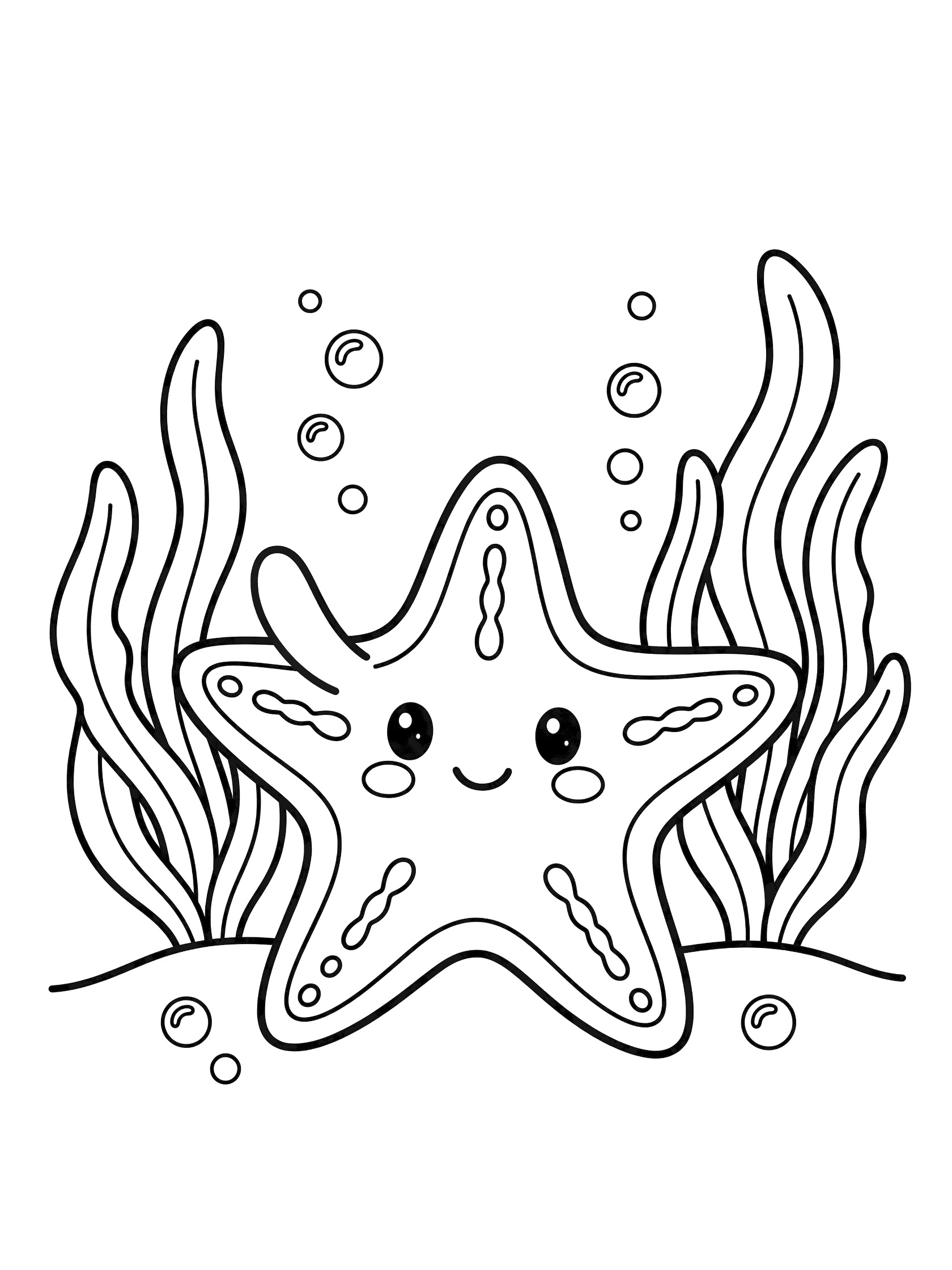 Black and white line art coloring page showing a kawaii starfish with big eyes and smiling mouth waving one arm, surrounded by seaweed and small bubbles on white background.