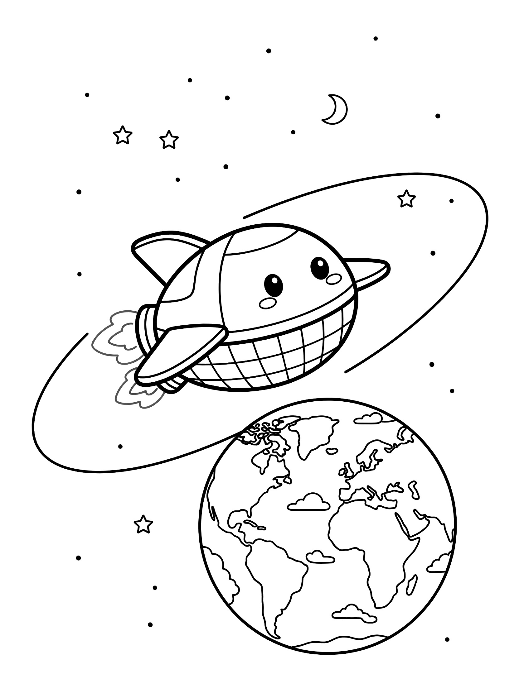 Black and white line art coloring page showing a friendly cartoon Starship with eyes and fins orbiting Earth, with stars, moon, and gentle thruster flames.
