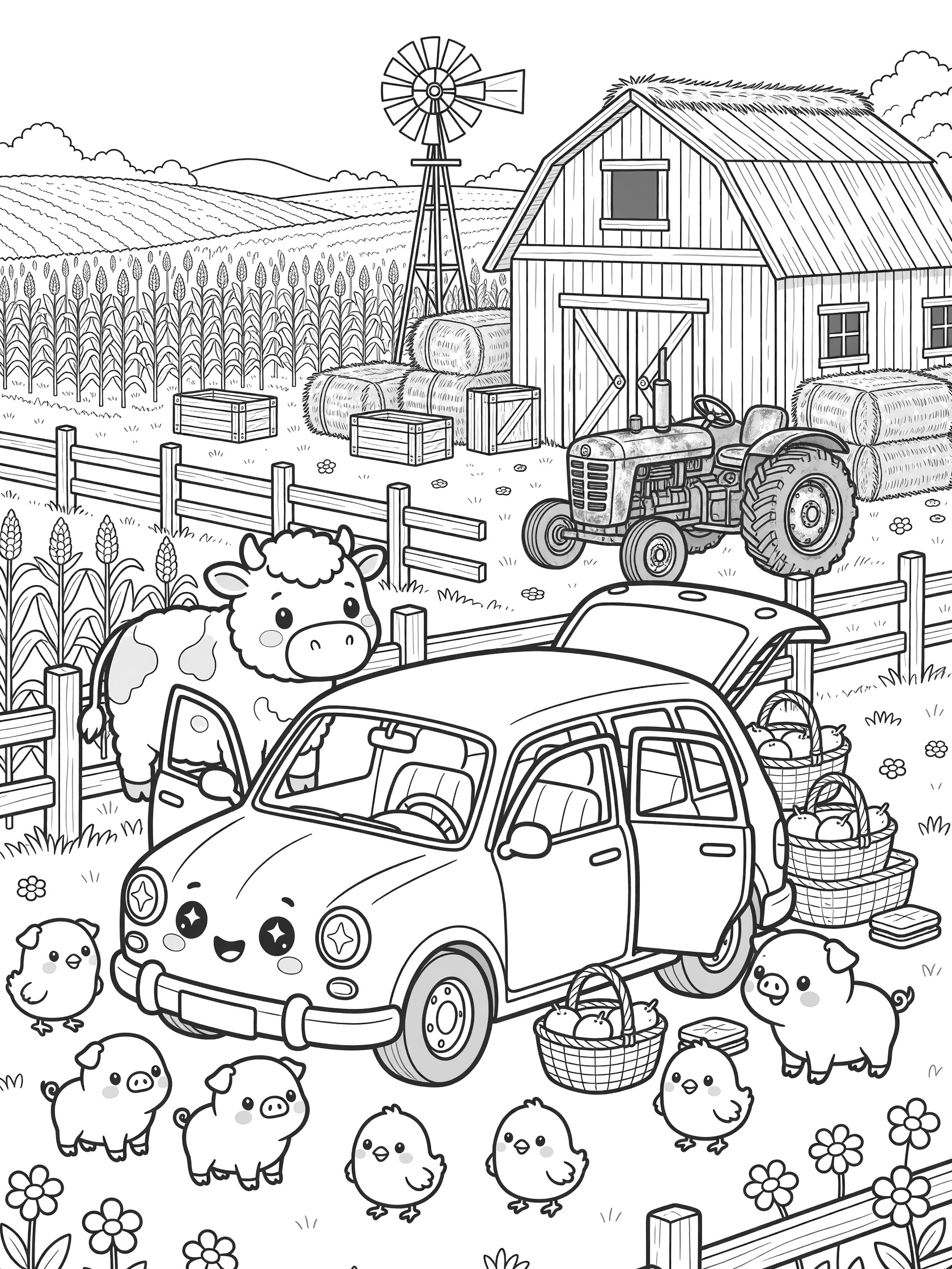 Kawaii black and white line art of a chubby station wagon with sparkling eyes and rosy cheeks at a farm gate, surrounded by piglets, chicks, and a cow, with open trunk spilling picnic baskets, barn, tractor, cornfields, and windmill.