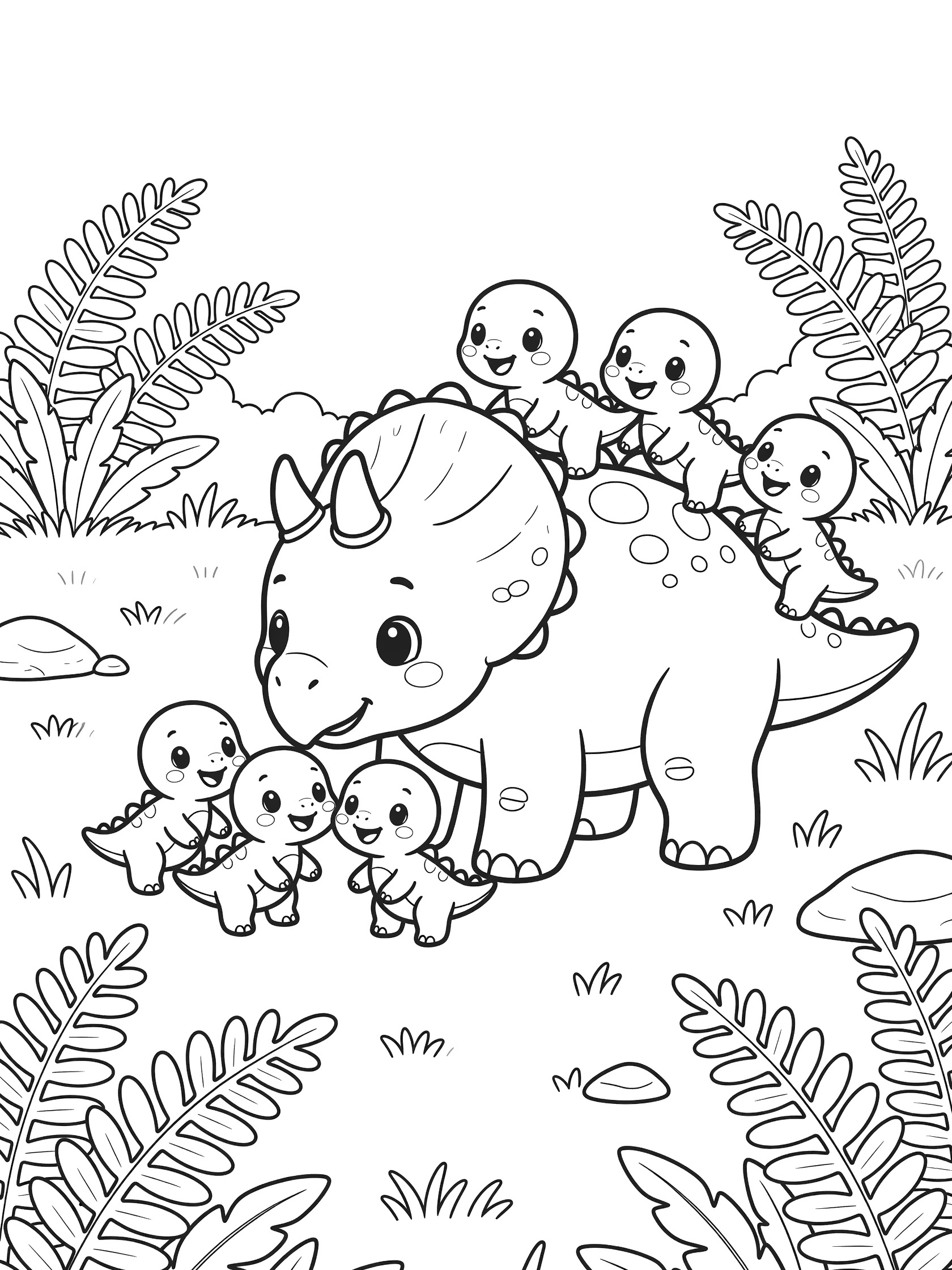 Black and white line art of a friendly Stegoceratops bending down to baby dinosaurs climbing its tail and back, surrounded by ferns in a prehistoric scene.