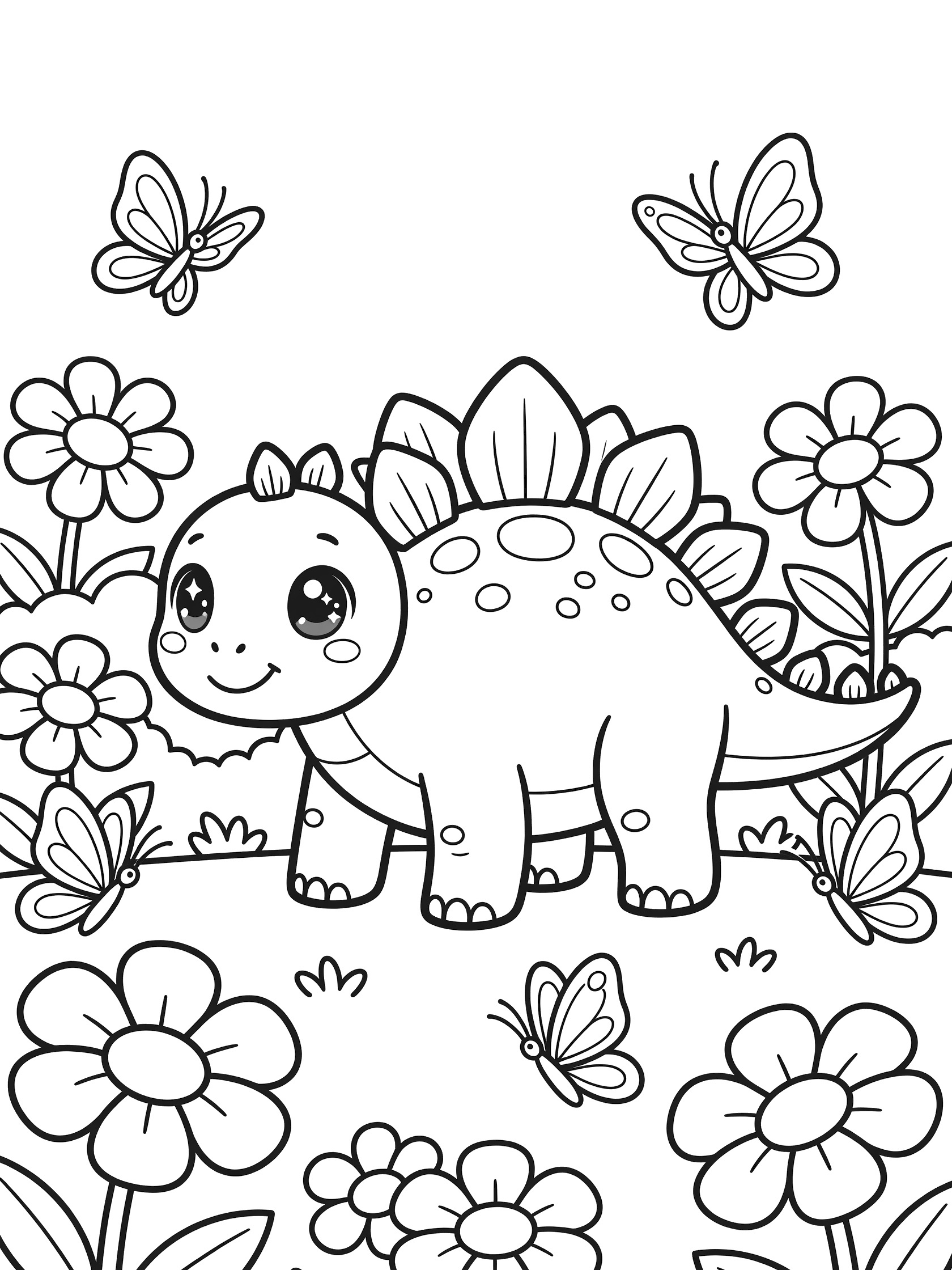 Black and white line art coloring page showing a kawaii Stegosaurus with big eyes, plates on back, surrounded by large flowers and butterflies