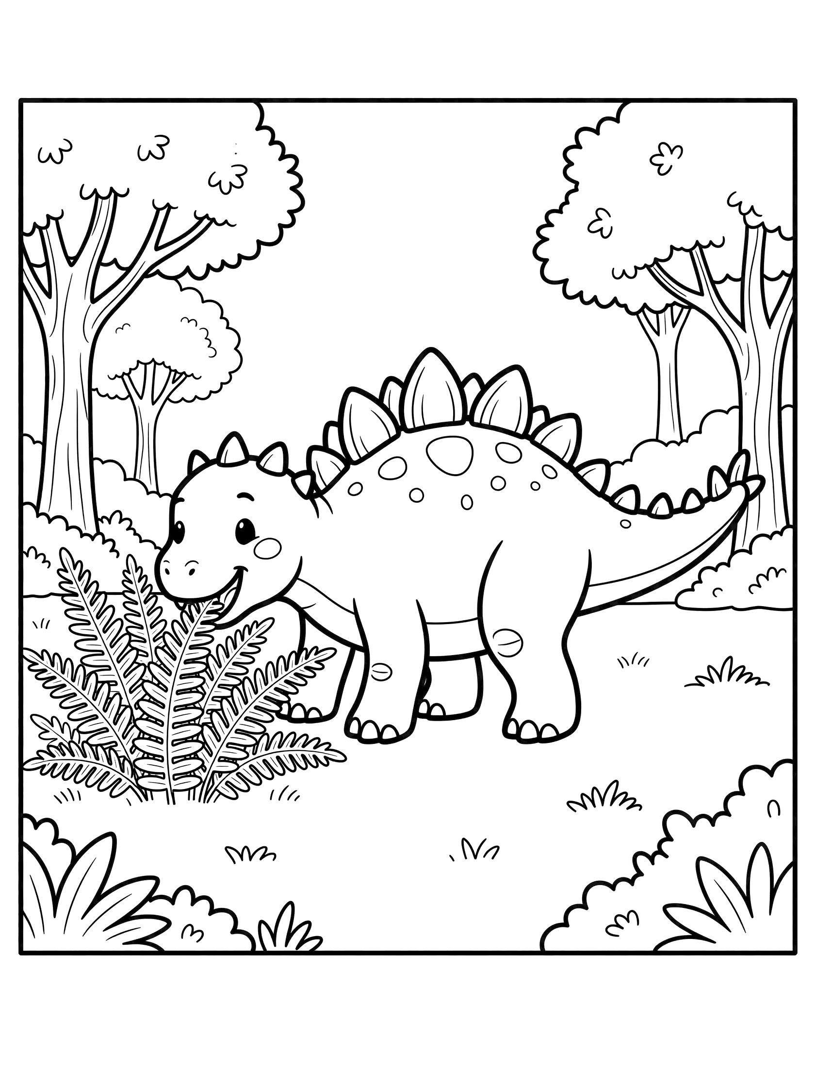 Black and white line art coloring page showing a happy Stegosaurus with back plates eating ferns surrounded by trees and grass in a forest scene. Kentrosaurus themed black and white printable line art