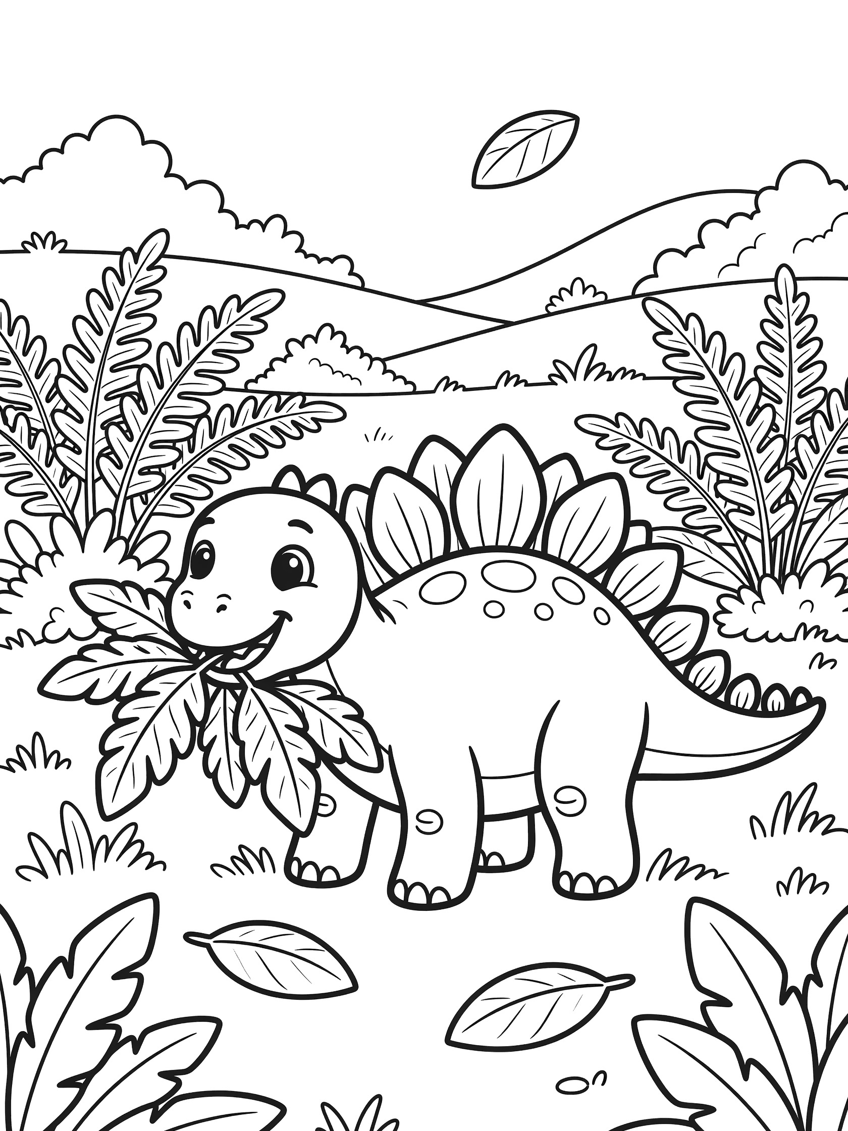Cute cartoon Stegosaurus with big eyes and plates on back, eating fern leaves in a meadow with ferns, bushes, hills, and falling leaves. Line art coloring page.