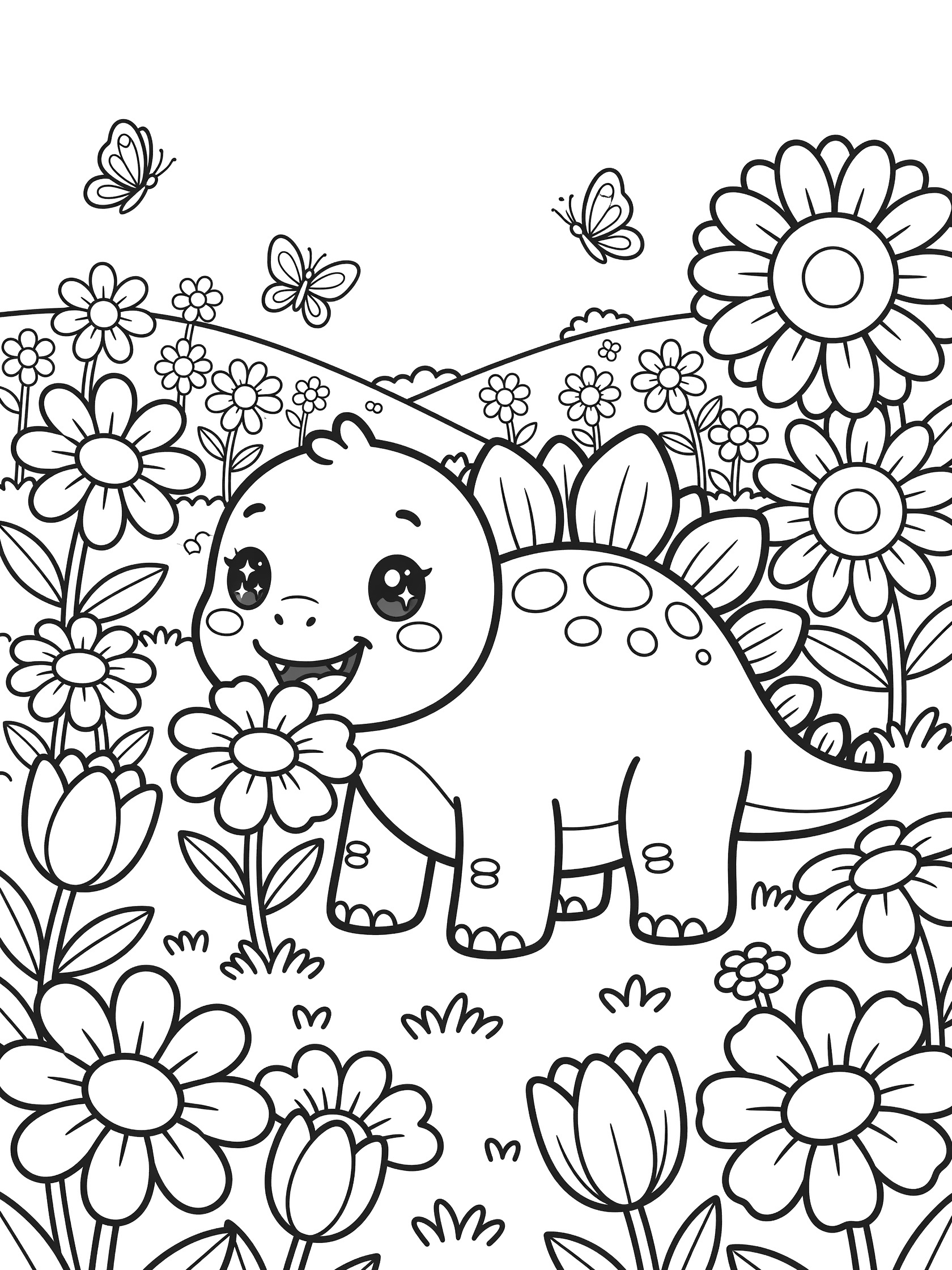 Kawaii Stegosaurus dinosaur happily eating a flower surrounded by tall daisies, tulips, sunflowers, butterflies, and rolling hills in a blooming meadow coloring page