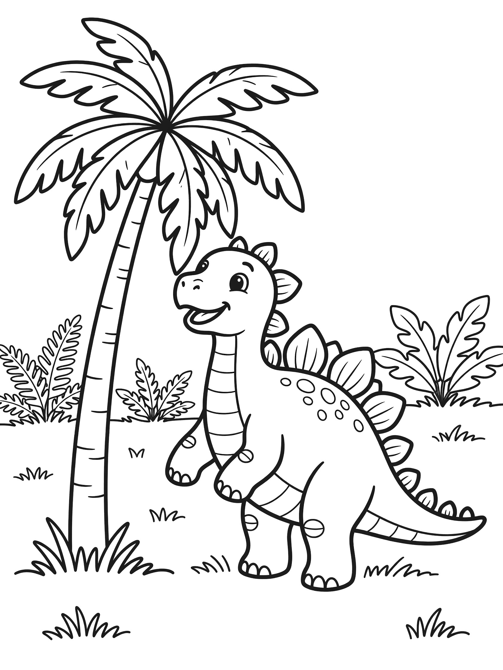 Cartoon Stegosaurus standing on hind legs eating fronds from a tall palm tree, with ferns and grass, easy line art coloring page.