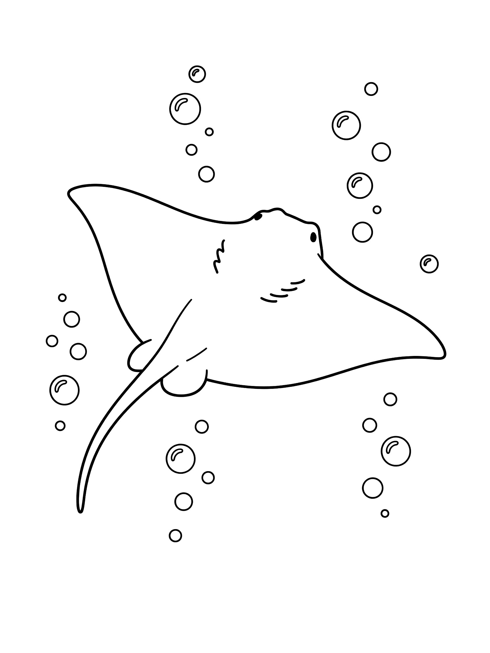 Black and white line art coloring page of a cute stingray swimming gracefully with spread wings, curving tail, and floating bubbles around it.