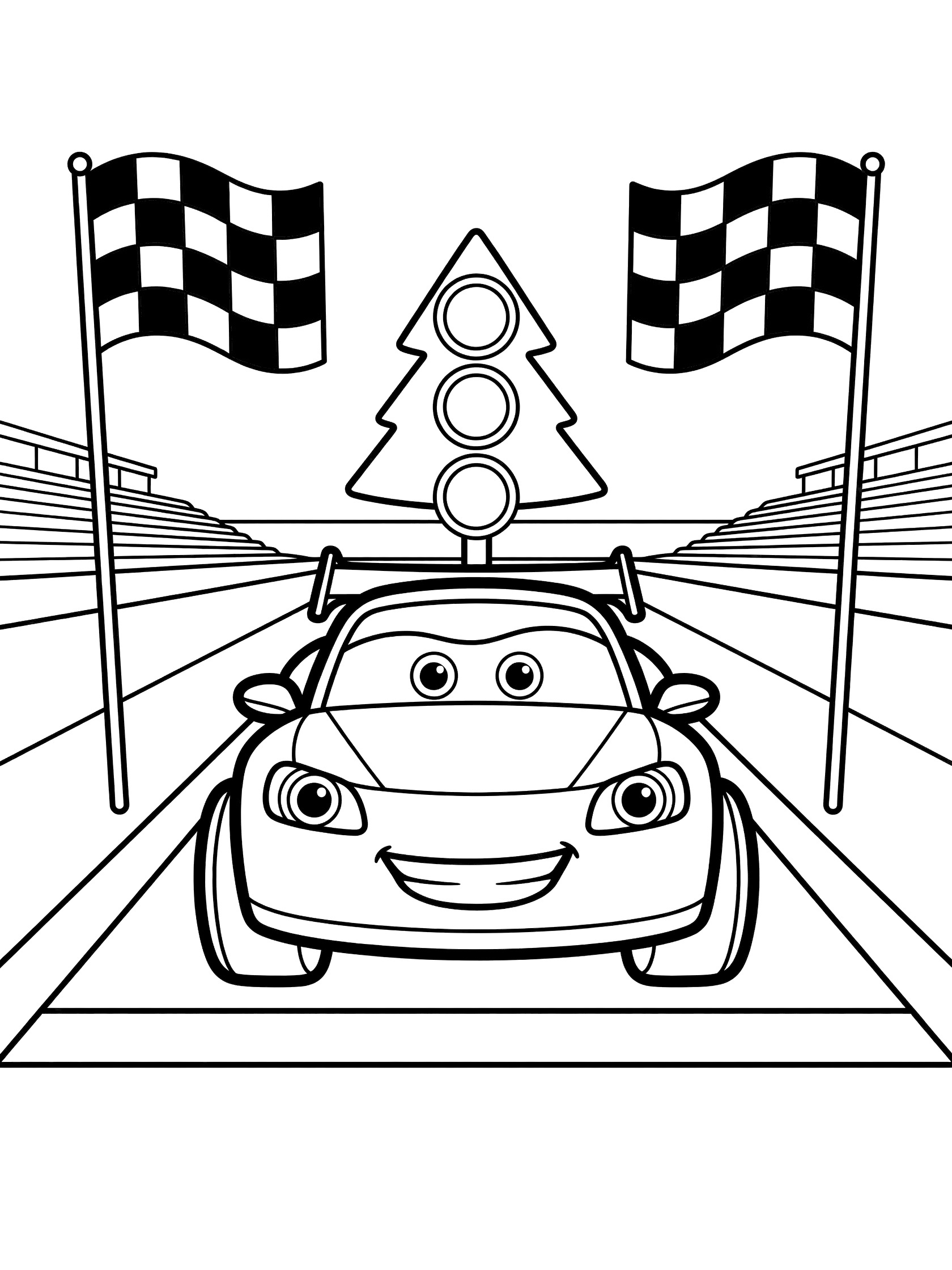 Black-and-white line art of a cute cartoon stock car at the starting line on a racetrack, with headlights as eyes, grinning grille, big wheels, spoiler, Christmas tree starting lights, checkered flags, and grandstands.