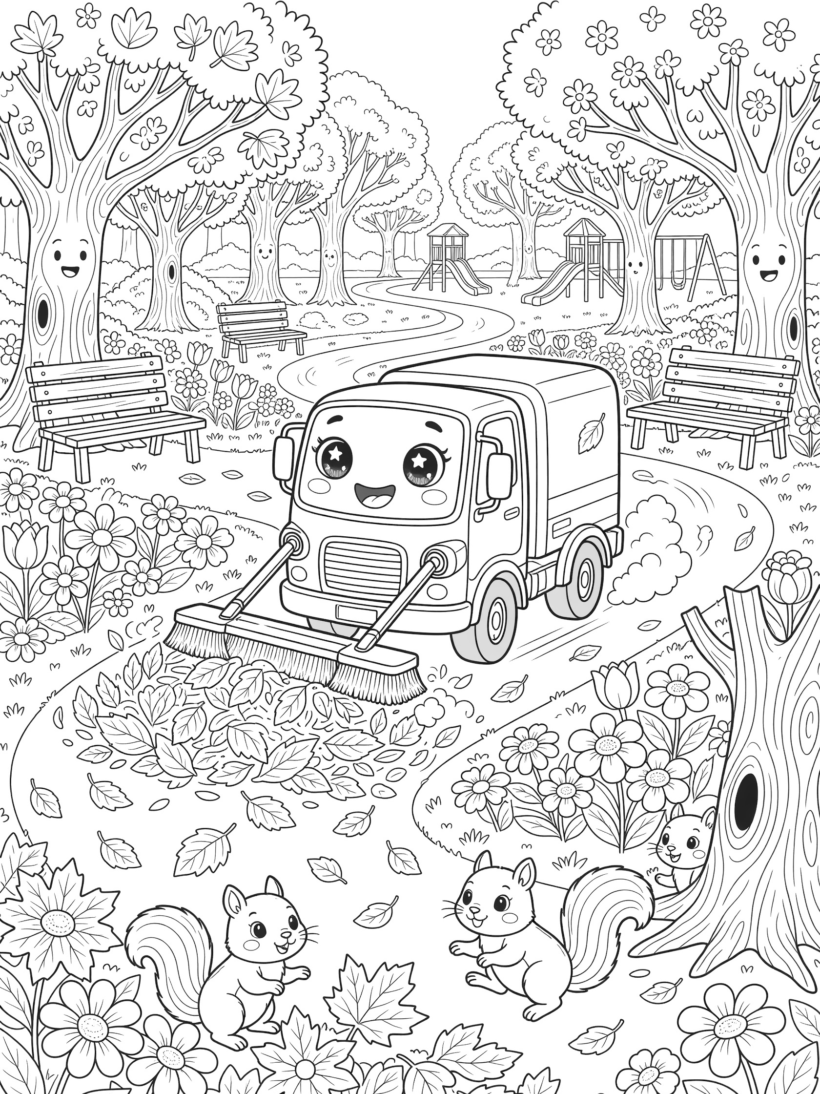 Black and white line art of a happy street sweeper truck with big eyes sweeping swirling leaf piles on a park path, surrounded by cute squirrels, flowerbeds, benches, and trees.