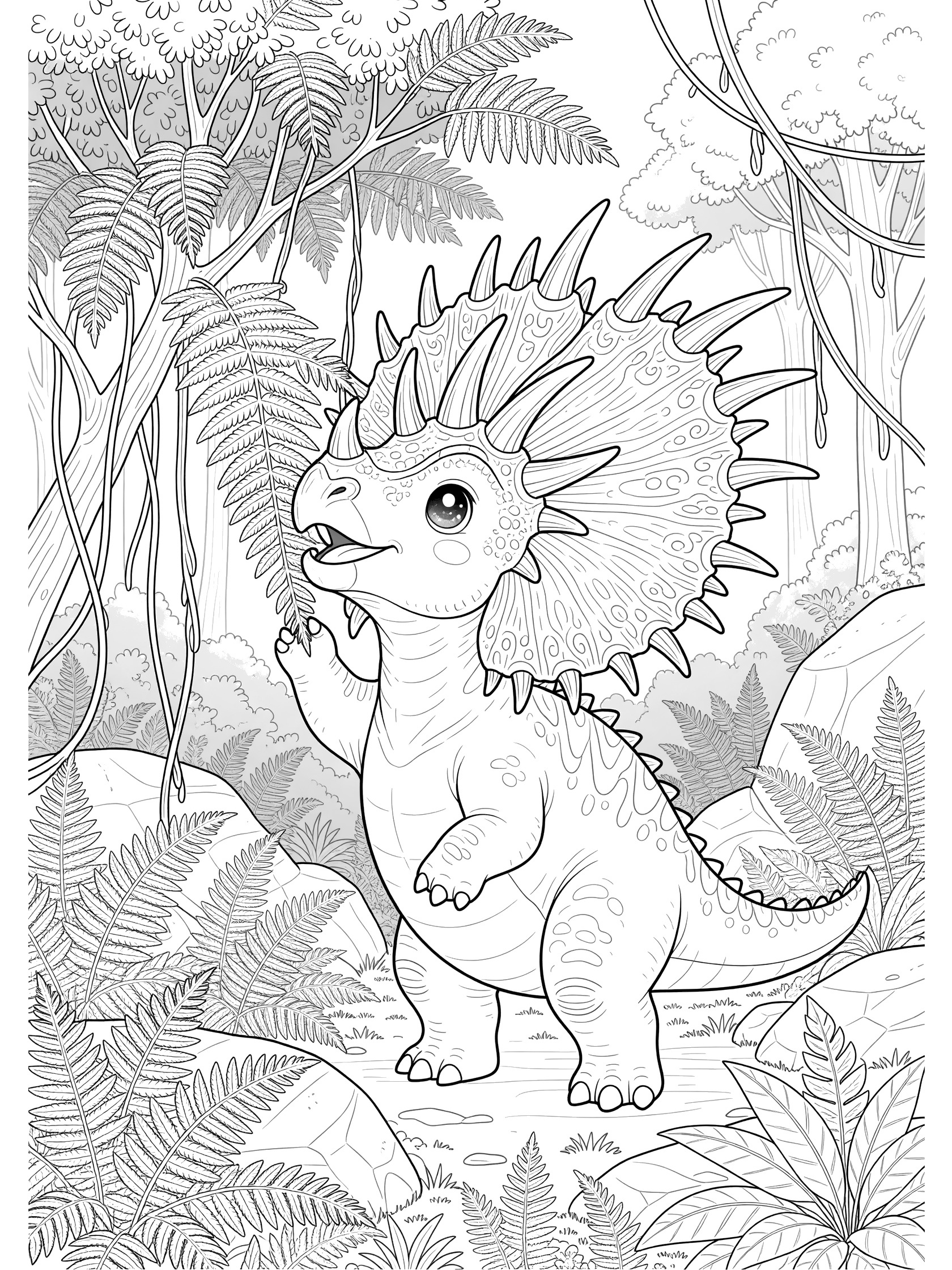 Kawaii Styracosaurus dinosaur on hind legs reaching up to nibble leaves from a branching fern tree, surrounded by lush ferns, vines, boulders, and misty trees in detailed line art.