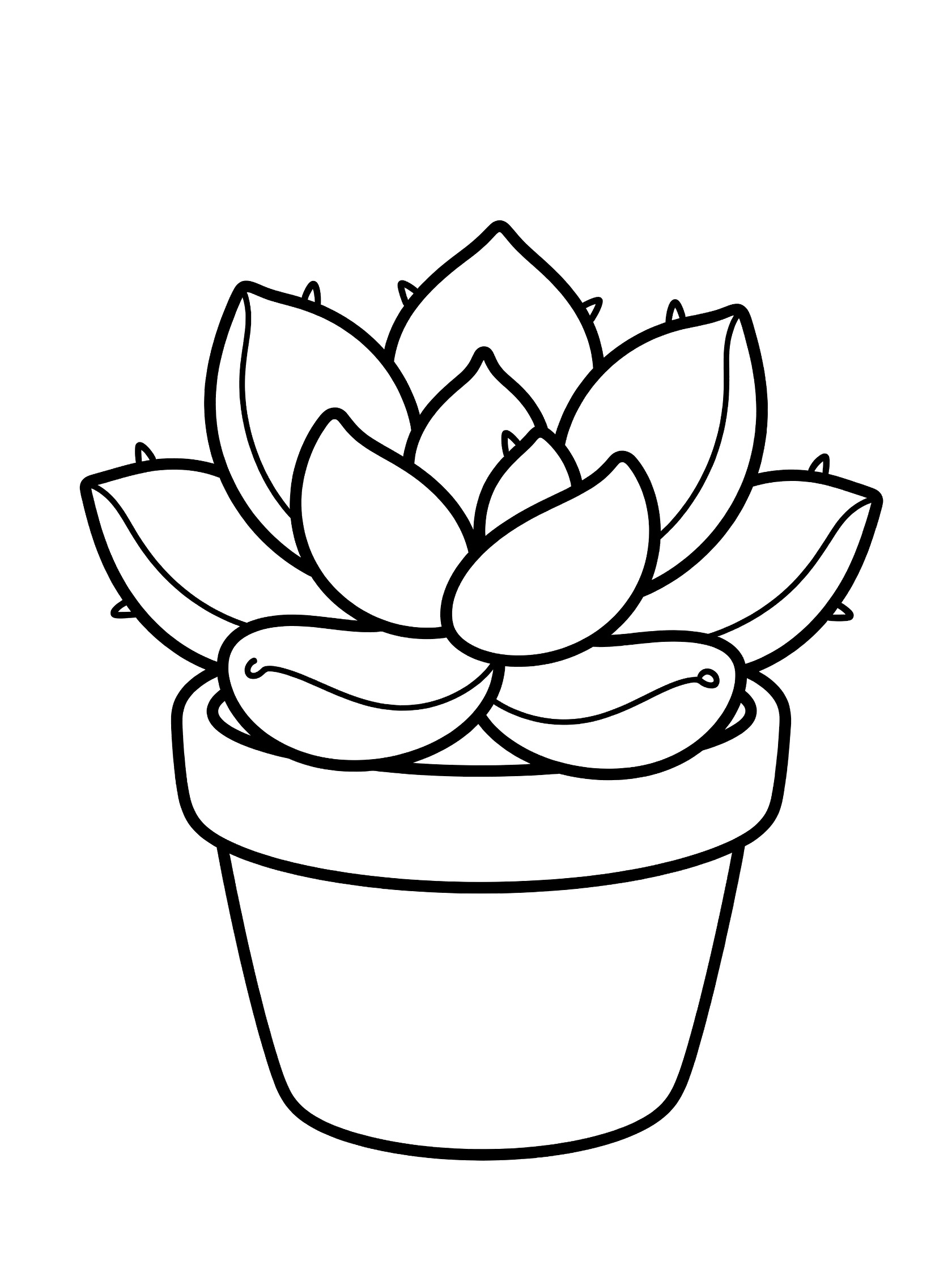Printable coloring page showing a single cute cartoon succulent plant with rounded leaves and small spines sitting in a round pot, clean line art on white background.