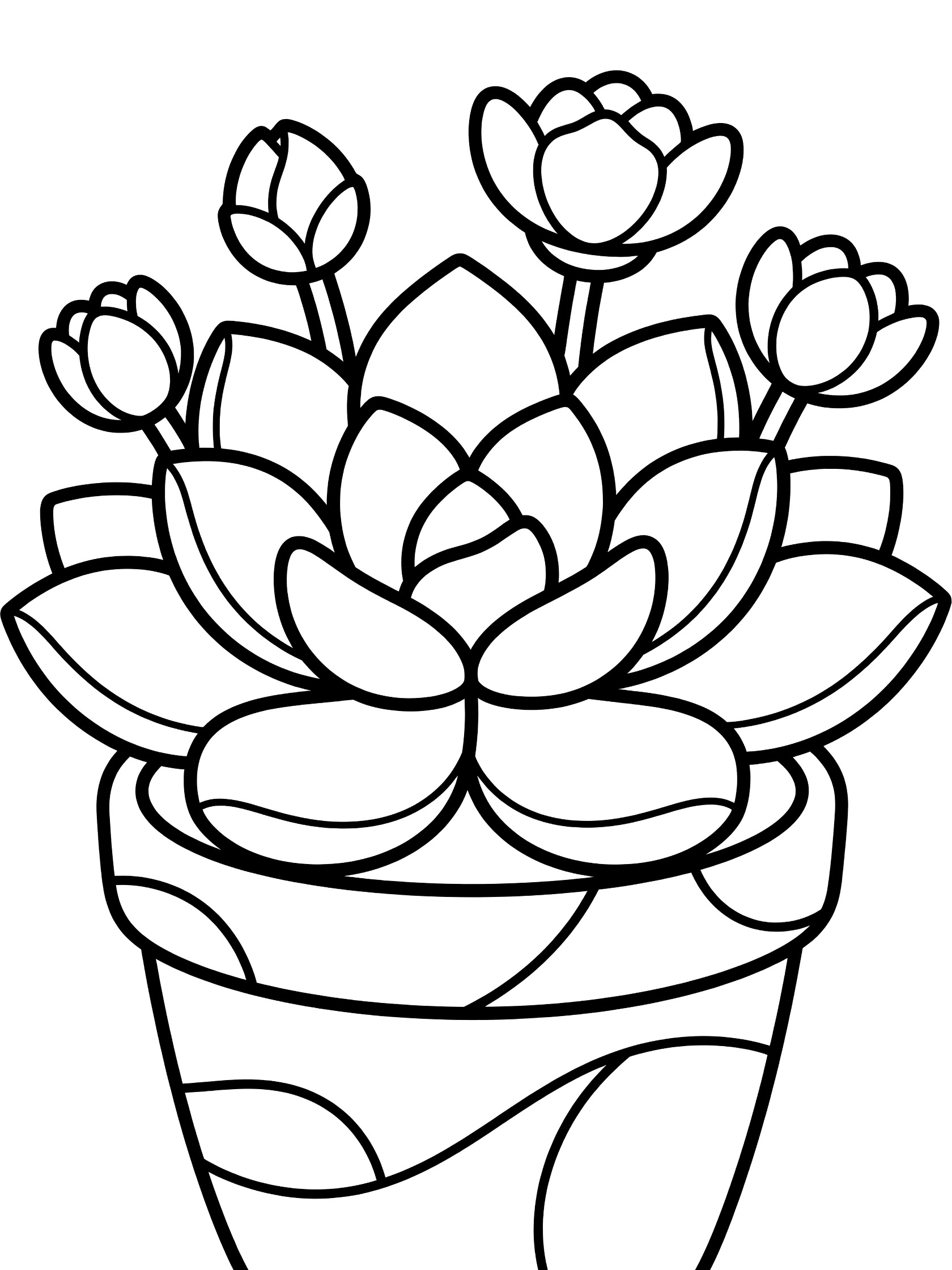 Black and white line art coloring page showing a kawaii succulent plant with thick leaves arranged in a rosette, flower buds opening into petals, inside a decorative pot with geometric patterns.