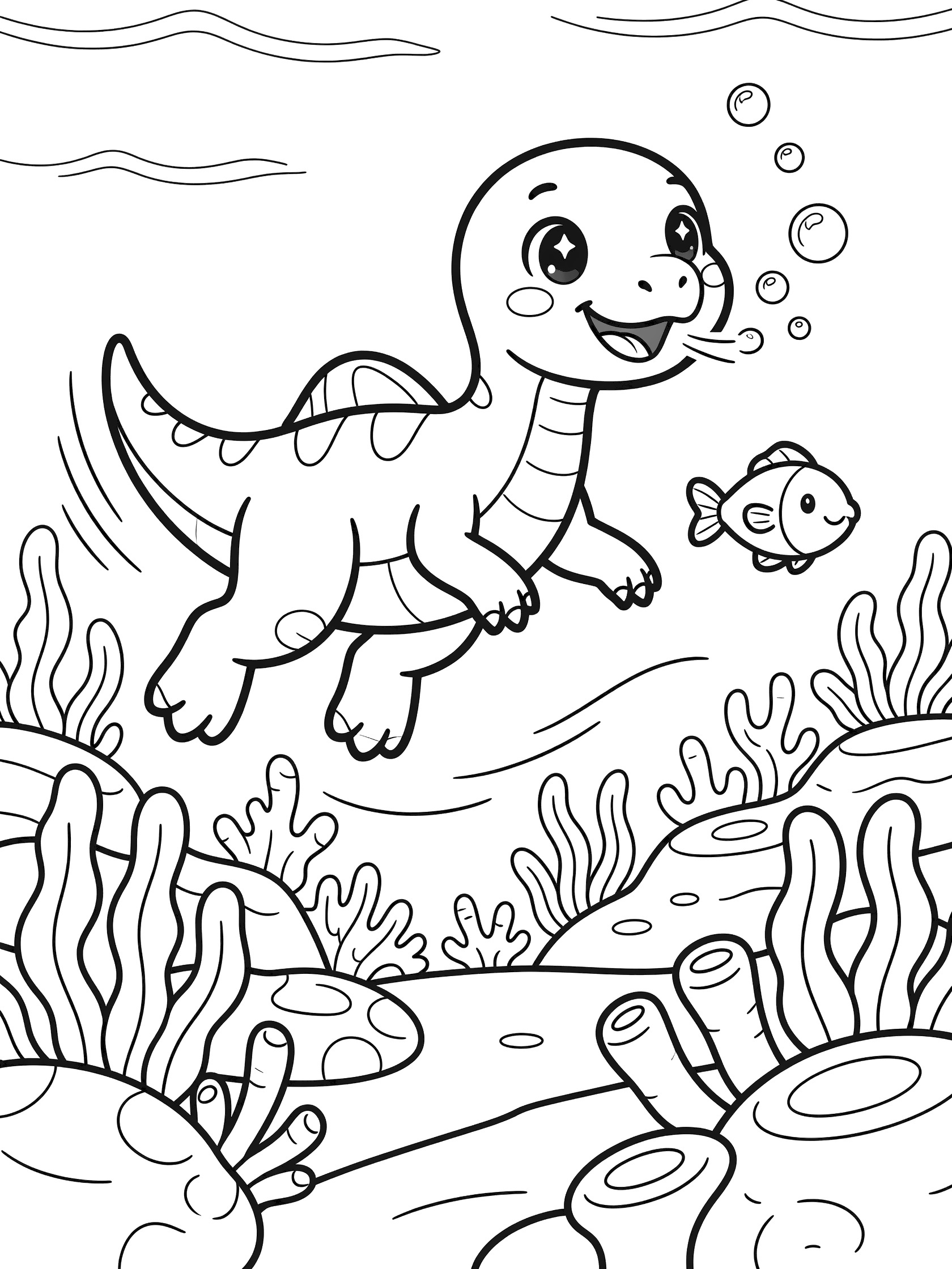 Kawaii Suchomimus dinosaur with big eyes and sail on back swimming playfully underwater, chasing a fish amid seaweed and coral in line art coloring page