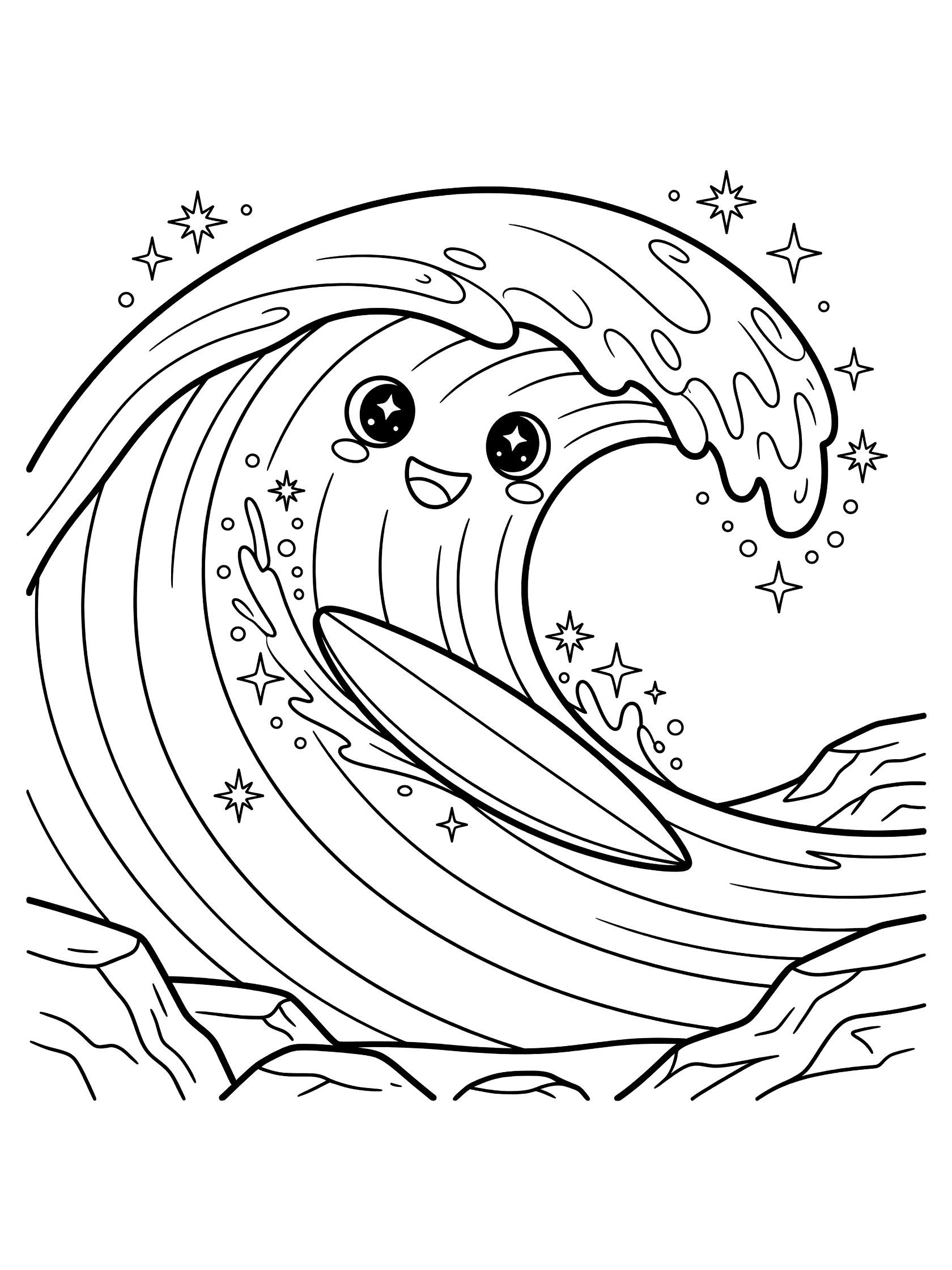 Black and white line art coloring page showing a kawaii-style smiling wave curling with a surfboard shooting through, spray sparkles, and reef rocks at the bottom. Banzai Pipeline themed black and white printable line art