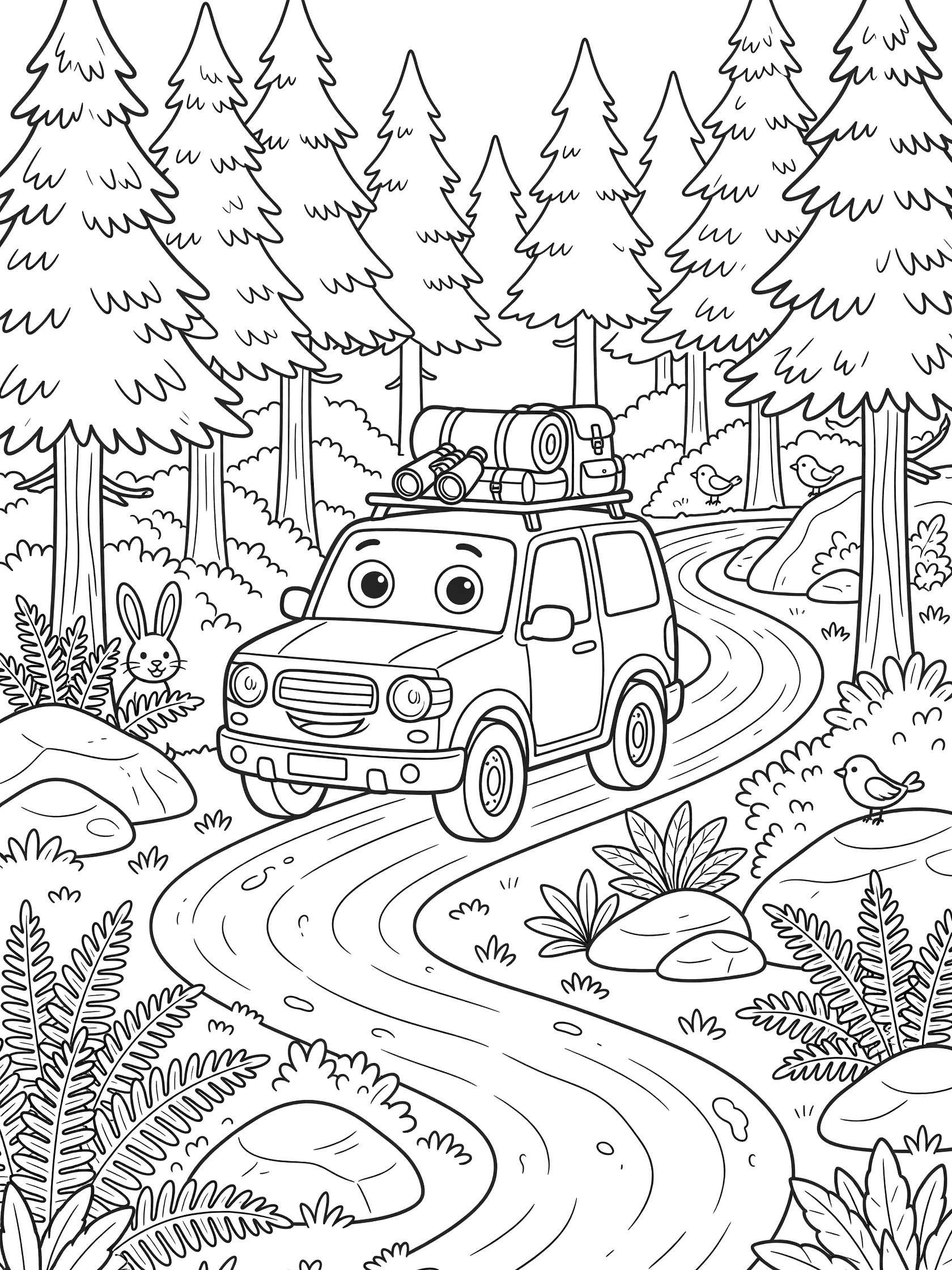 Black-and-white line art coloring page featuring a friendly-faced cartoon SUV forest explorer on a curvy dirt path surrounded by tall pine trees, ferns, rocks, a rabbit, and birds in the woods.