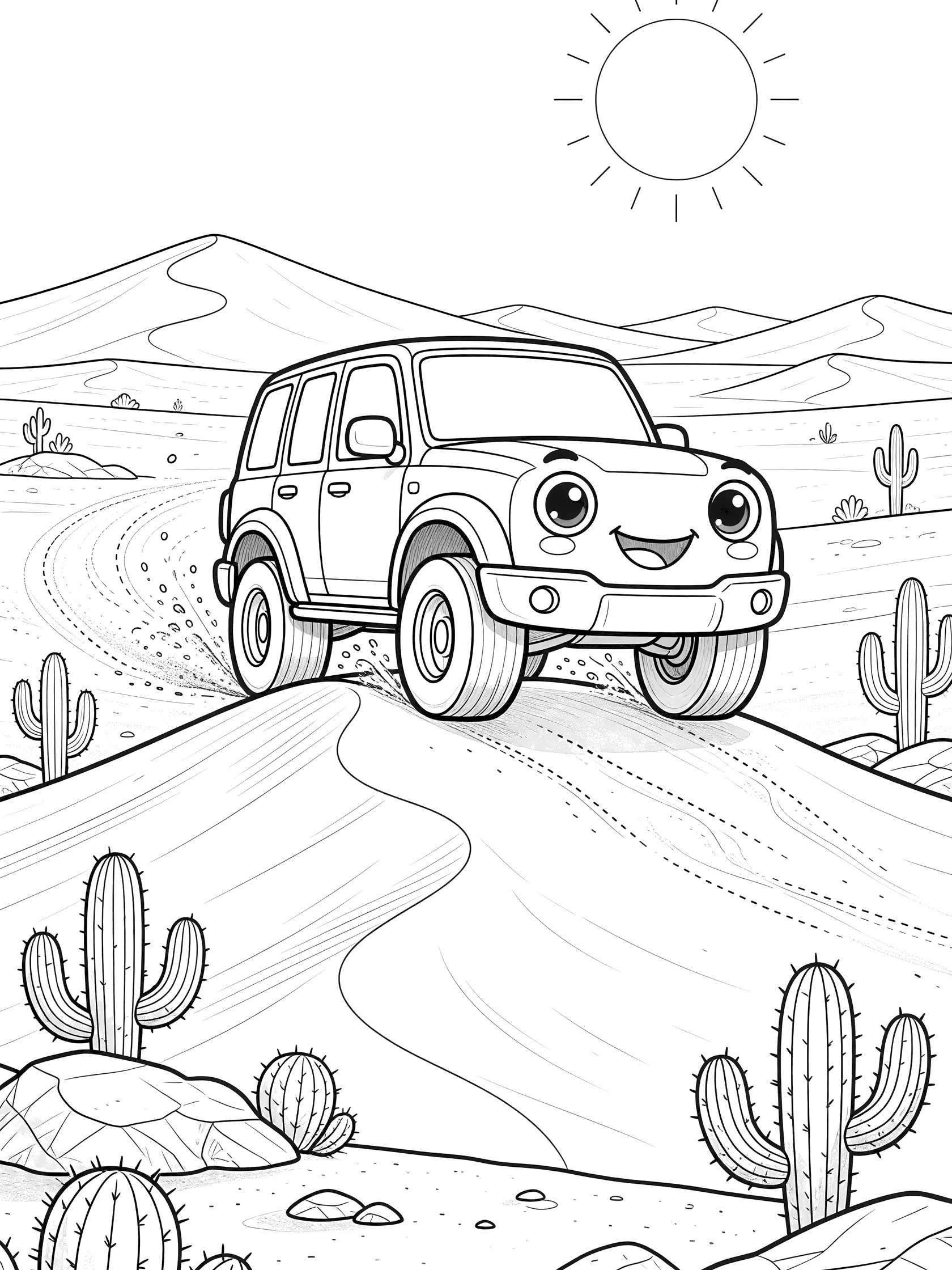 Printable coloring page showing a chubby kawaii SUV with round headlights as eyes and grille smile driving up a big desert dune, surrounded by spiky cacti, rocks, sand trails, and a bright sun.