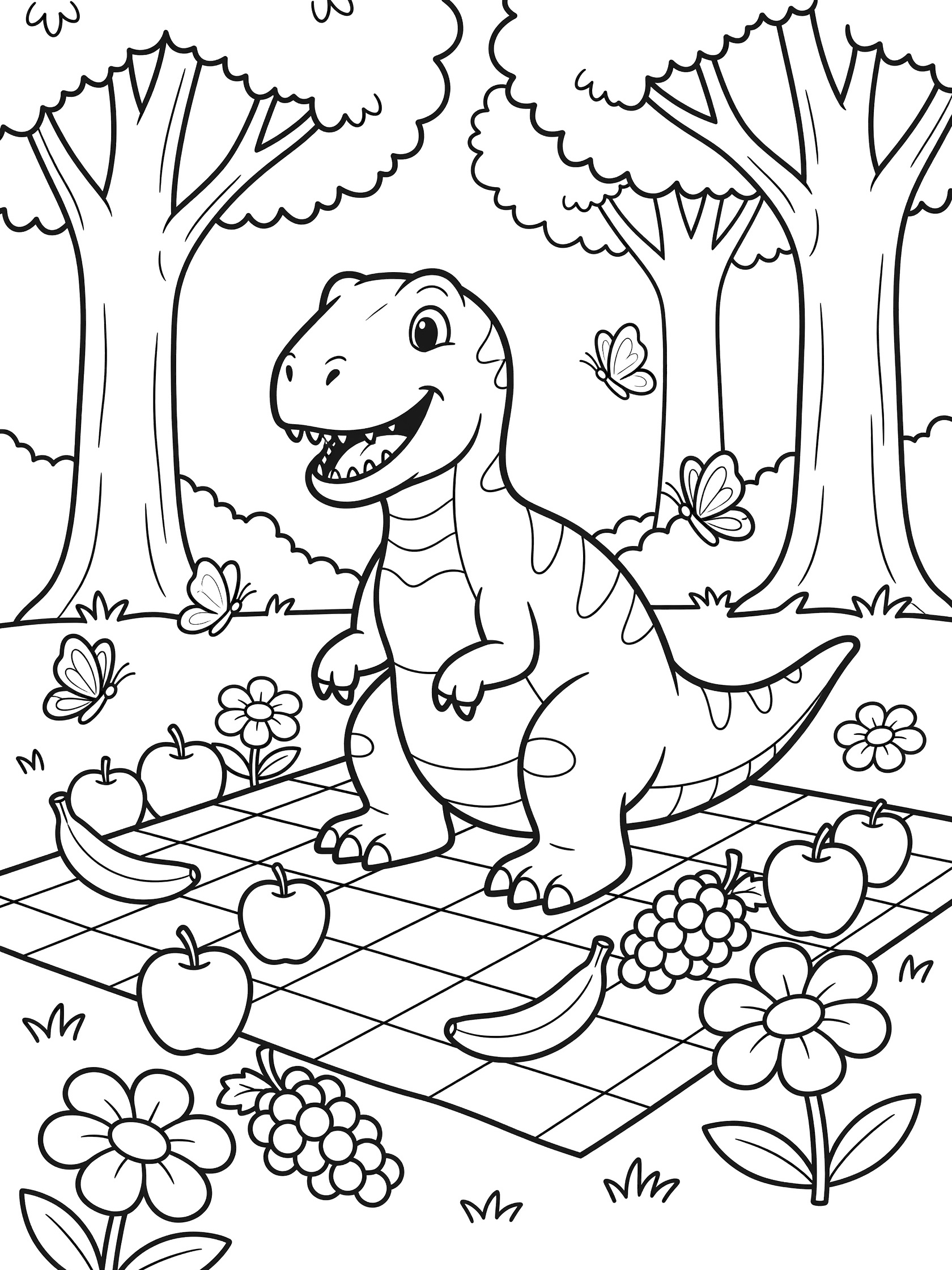 Black and white line art coloring page showing a smiling T-Rex dinosaur sitting at a picnic with apples, bananas, grapes on a checkered cloth, surrounded by flowers, butterflies, and big trees. Carnotaurus themed black and white printable line art