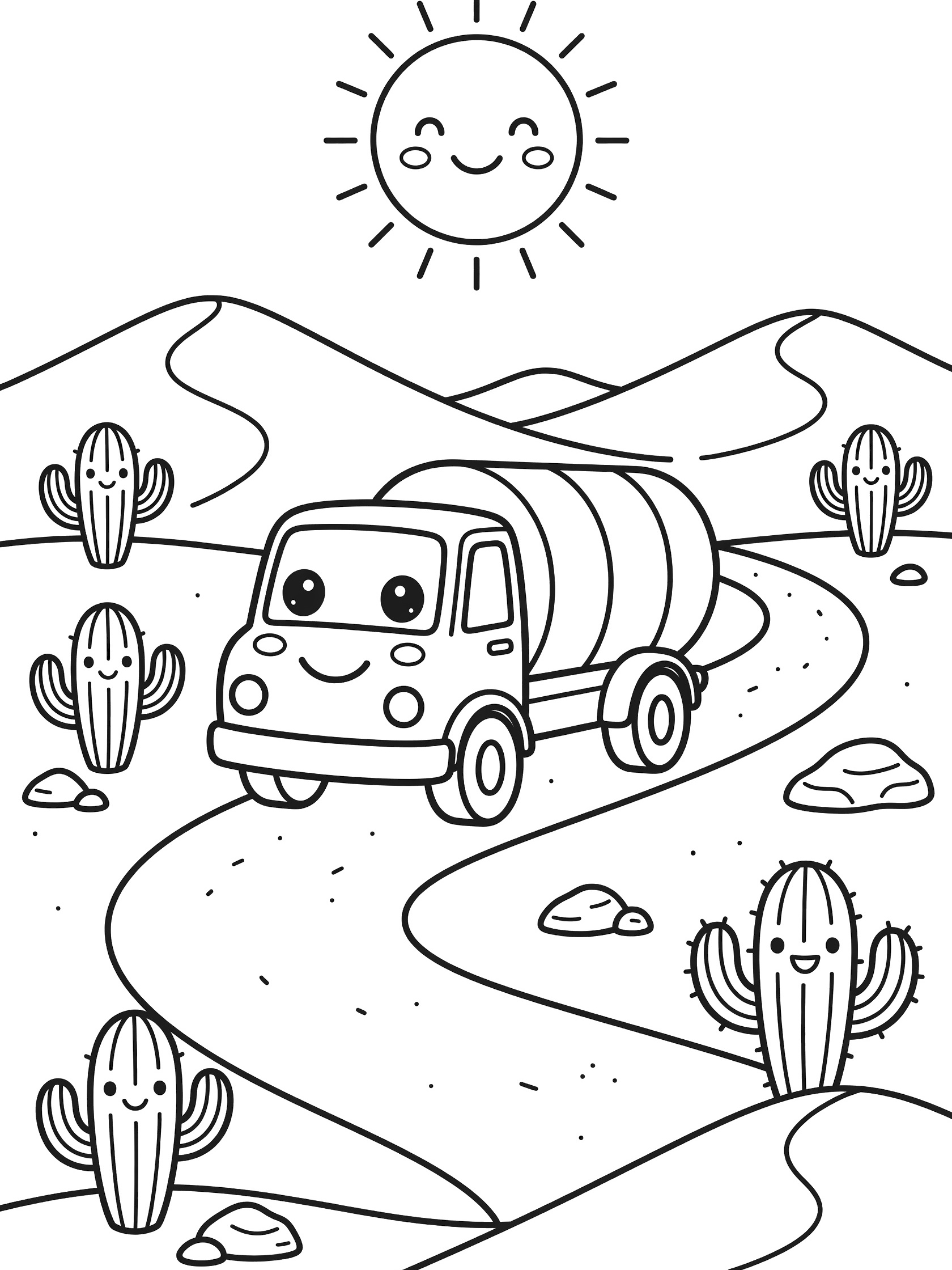 Black and white coloring page of a cute tanker truck with big eyes and smile driving on a winding path through desert dunes, past smiling cacti, under a happy sun.