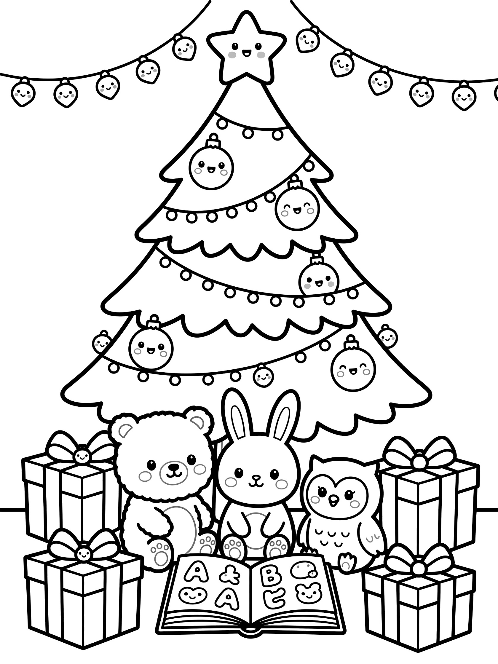 Line drawing of chubby teddy bear bunny and owl sitting with open ABC book around tall Christmas tree garlands ornaments and stacked presents