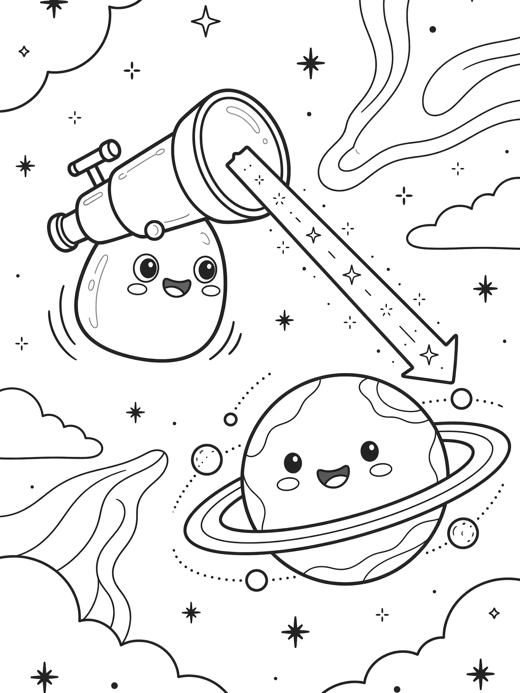 Black and white line art of a kawaii telescope shooting a beam to a smiling ringed planet, surrounded by stars and clouds. Space Telescope themed black and white printable line art
