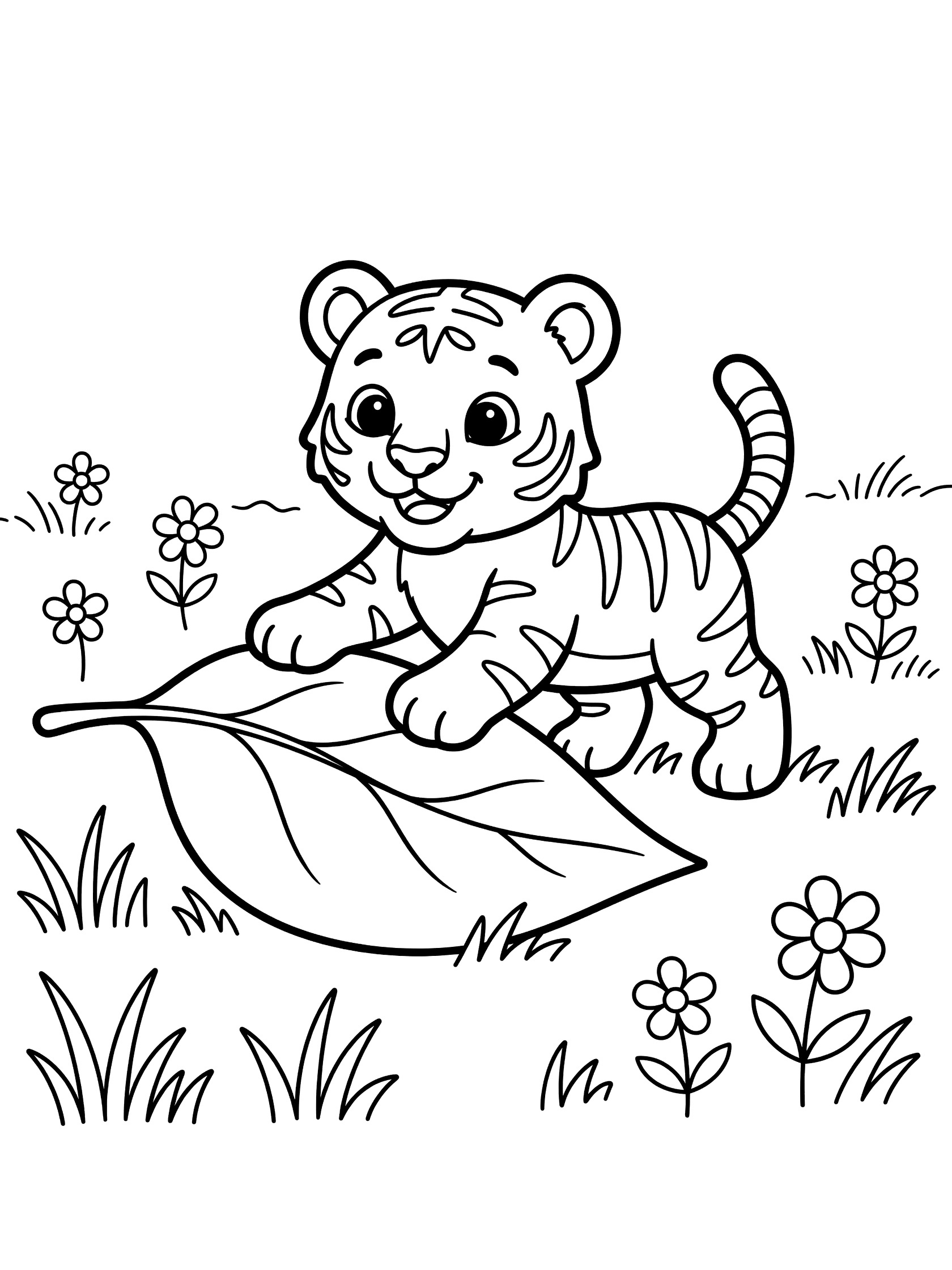 Black and white line art coloring page showing a playful tiger cub jumping on a large leaf surrounded by simple flowers and grass