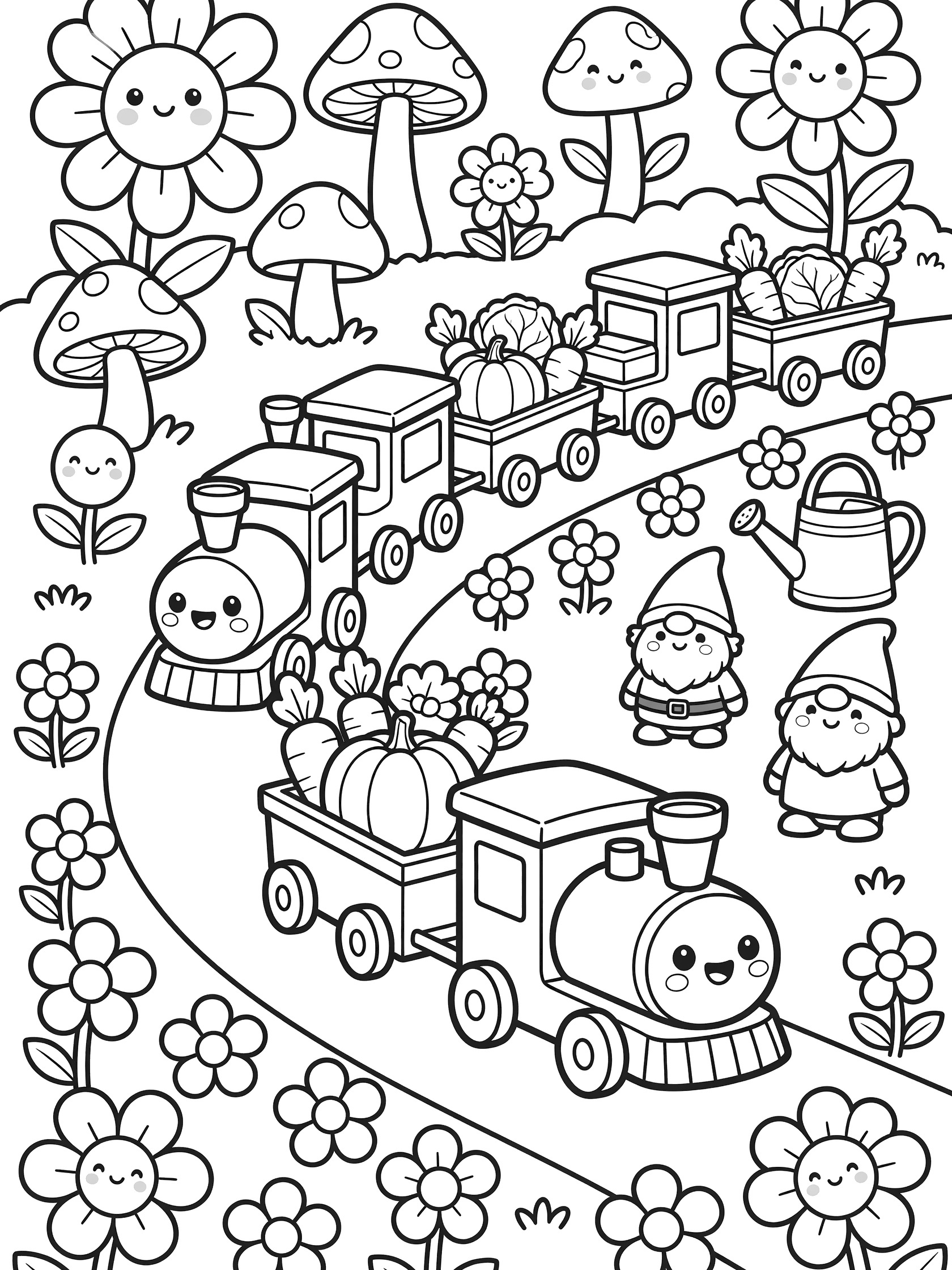 Kawaii line art coloring page showing cute toy trains with big eyes pulling veggie carts on a winding garden path surrounded by happy flowers, mushrooms, gnomes, and a watering can.