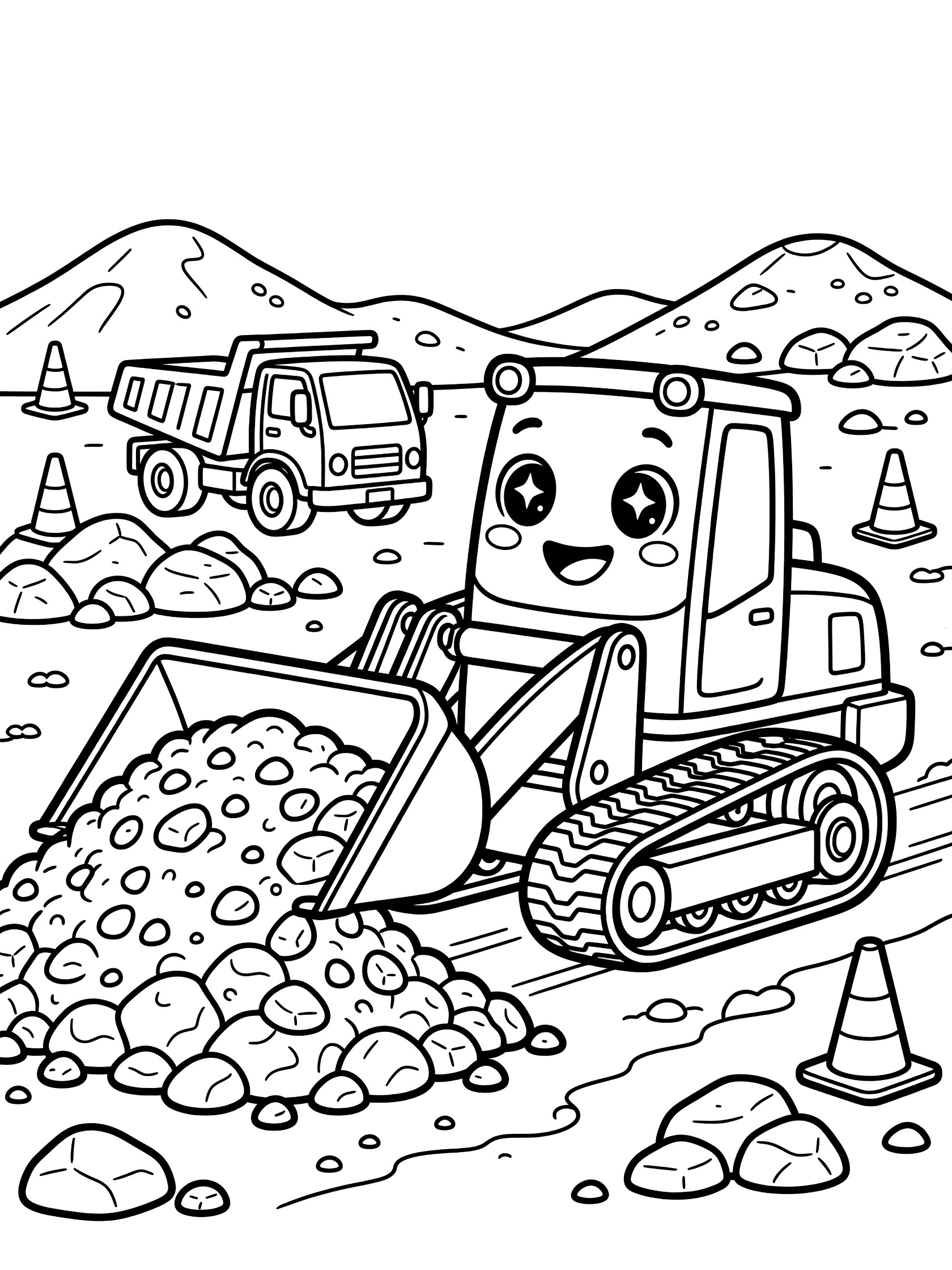 Cartoon track loader with sparkling eyes scooping a pile of gravel from the ground near a dump truck, construction cones, rocks, and dirt mounds.
