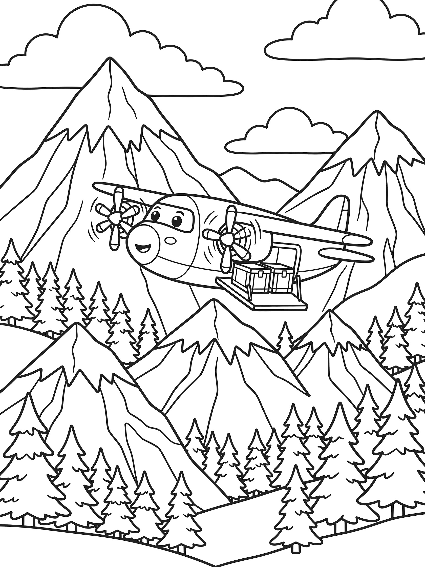 Cute cartoon transport plane with spinning propellers and cargo crates flying over a mountain range with pine trees, snow peaks, and fluffy clouds - printable coloring page