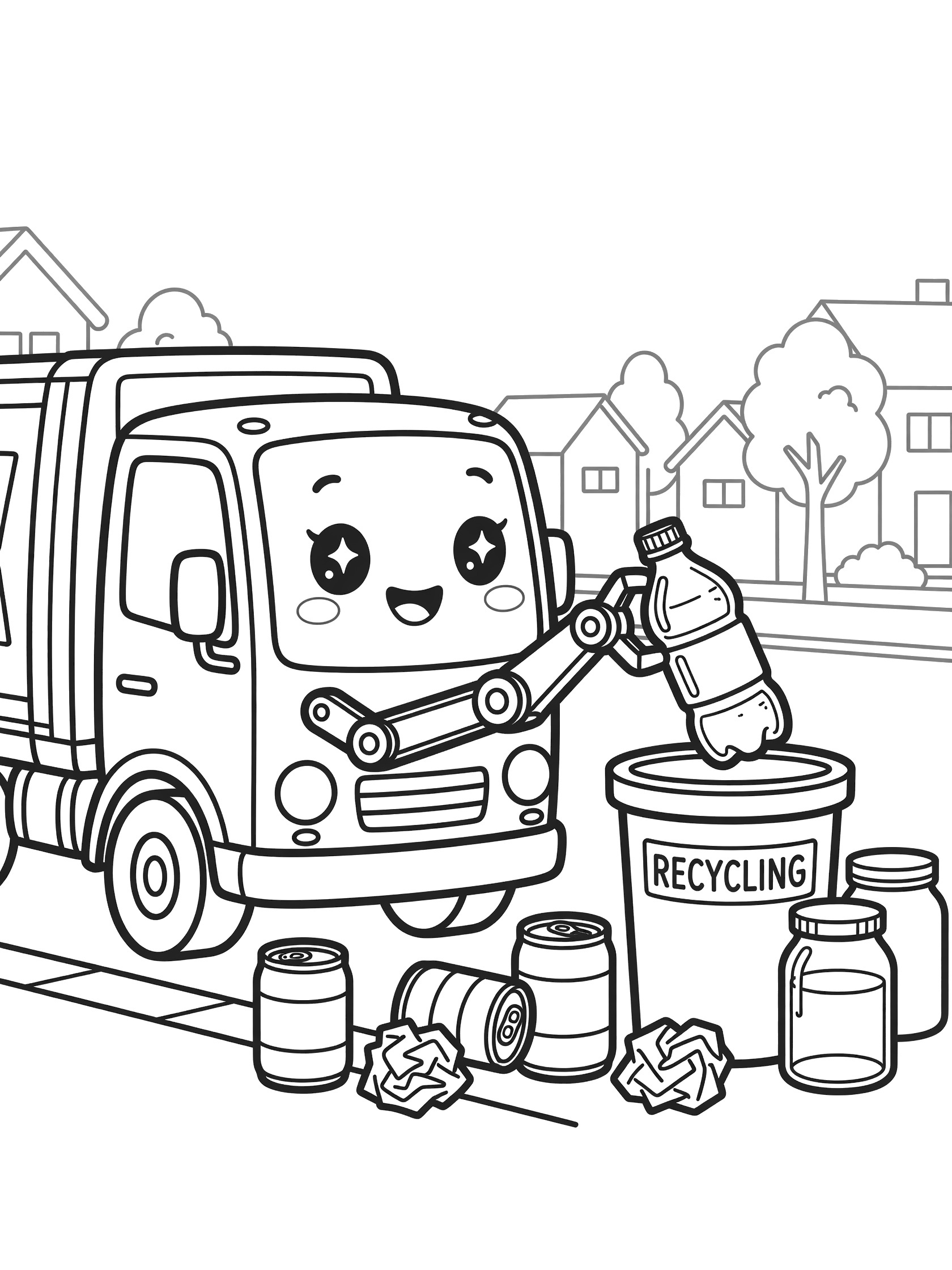 Kawaii trash truck with big eyes and smile using mechanical arm to sort a shiny plastic bottle into recycling bin, with cans, paper scraps, glass jars, houses, and trees nearby.