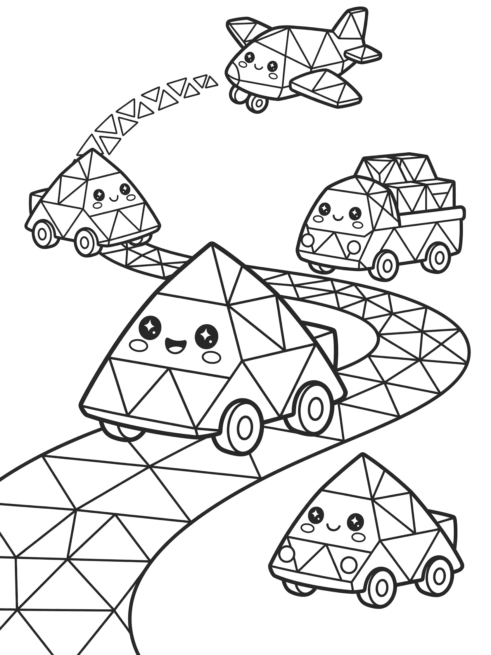 Printable coloring page with interlocking triangles forming cute vehicles like a smiling car on a wavy road, chubby truck with boxes, and looping airplane, all with rosy cheeks and wheels.
