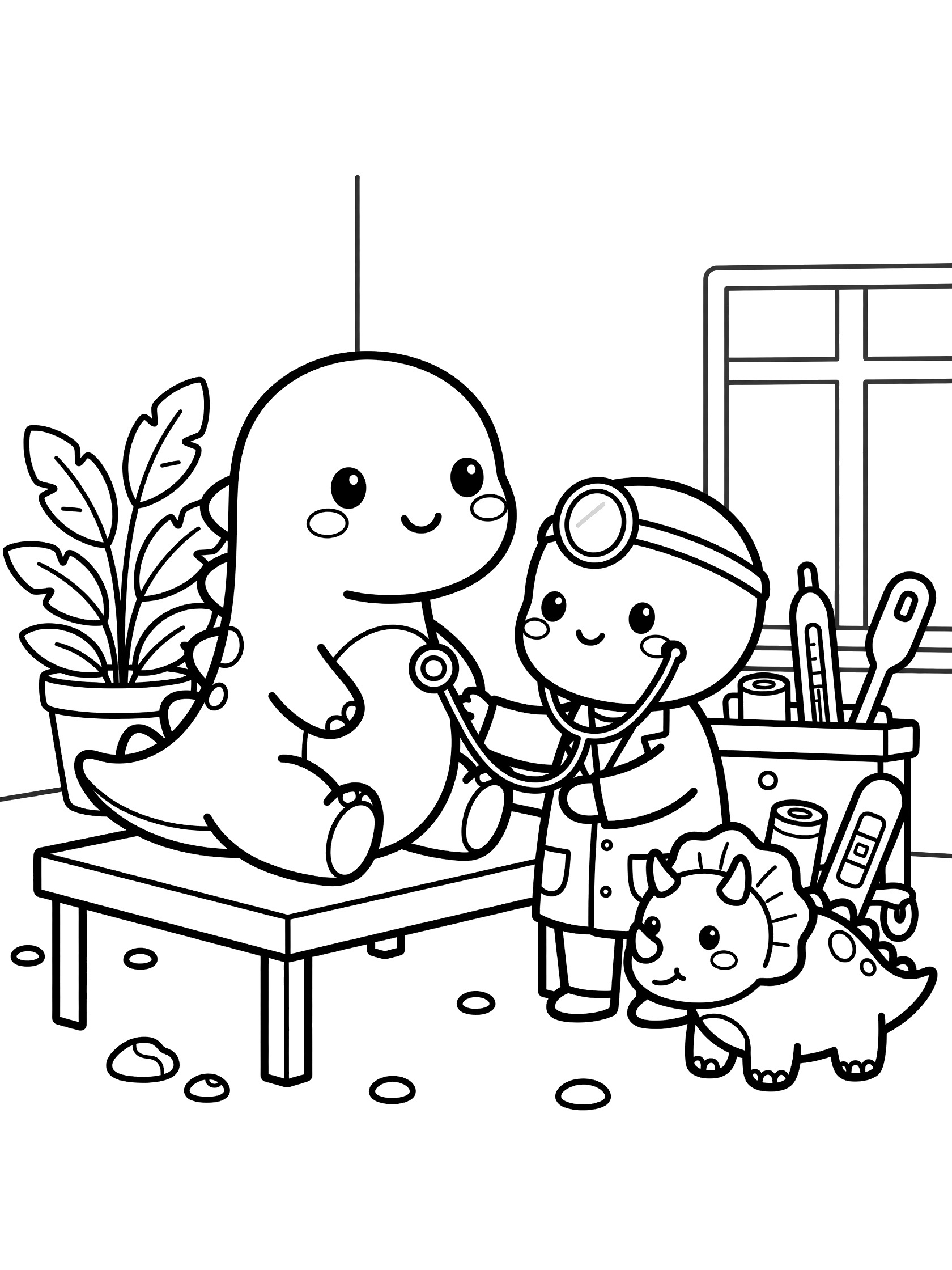 Kawaii triceratops dinosaur doctor clinic scene coloring page, cute dino patient on exam table with doctor using stethoscope, simple outlines for kids.