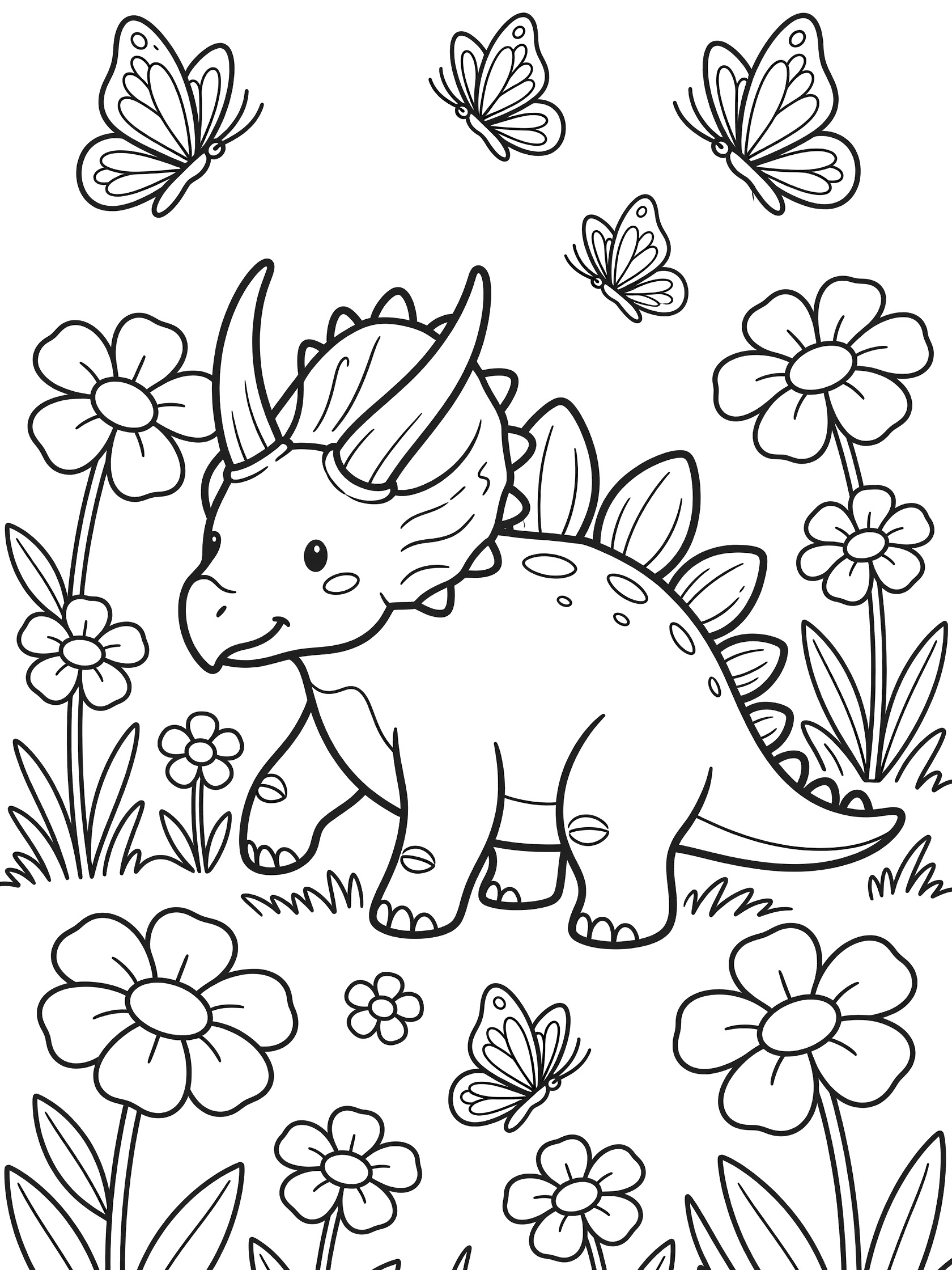 Black and white line art coloring page showing a cute triceratops dinosaur standing in a meadow with large flowers and flying butterflies. Stegoceratops themed black and white printable line art
