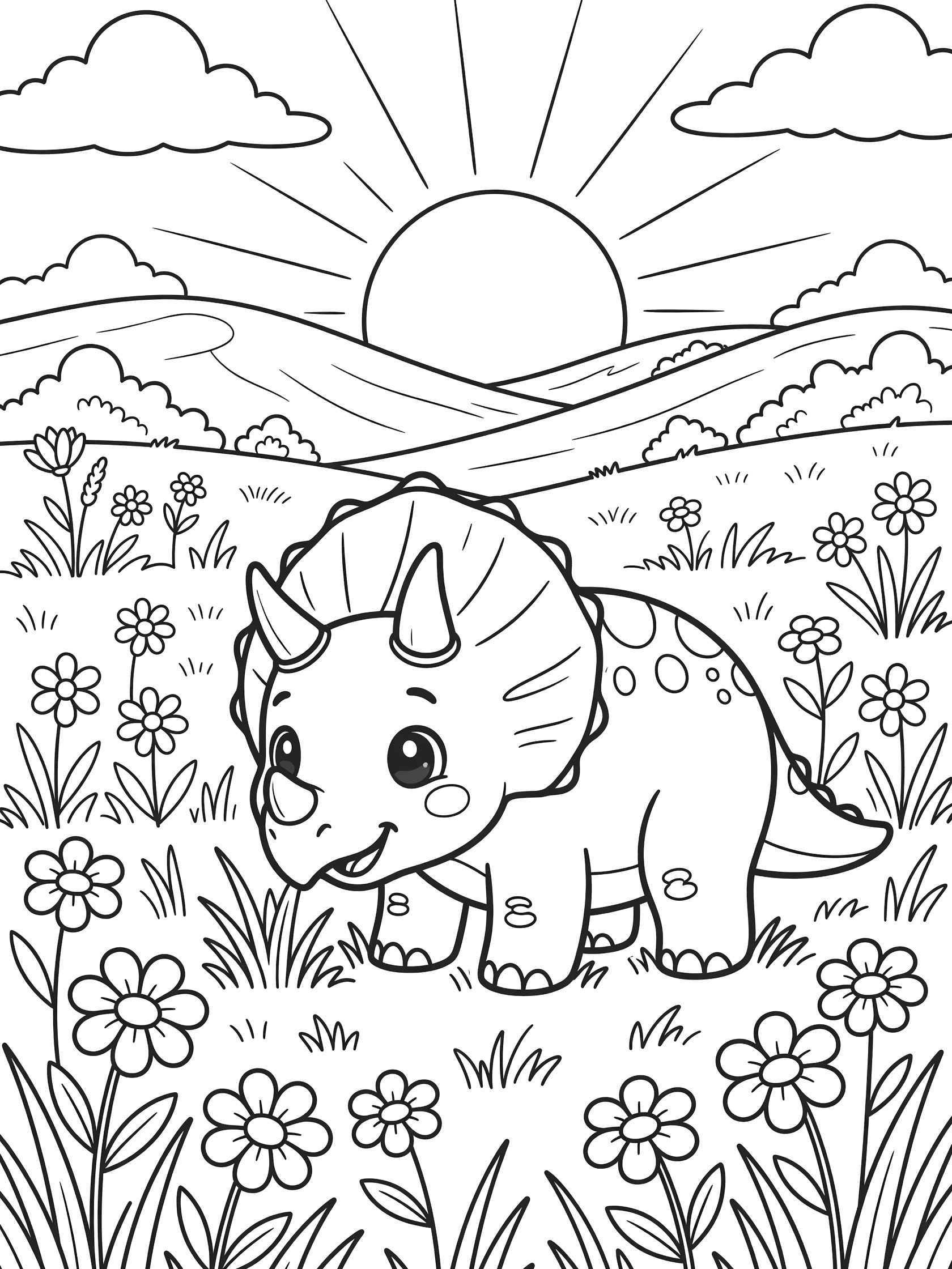 Black and white coloring page of a cute cartoon Triceratops with big eyes and smile, eating grass and flowers in a meadow at sunset with hills and clouds