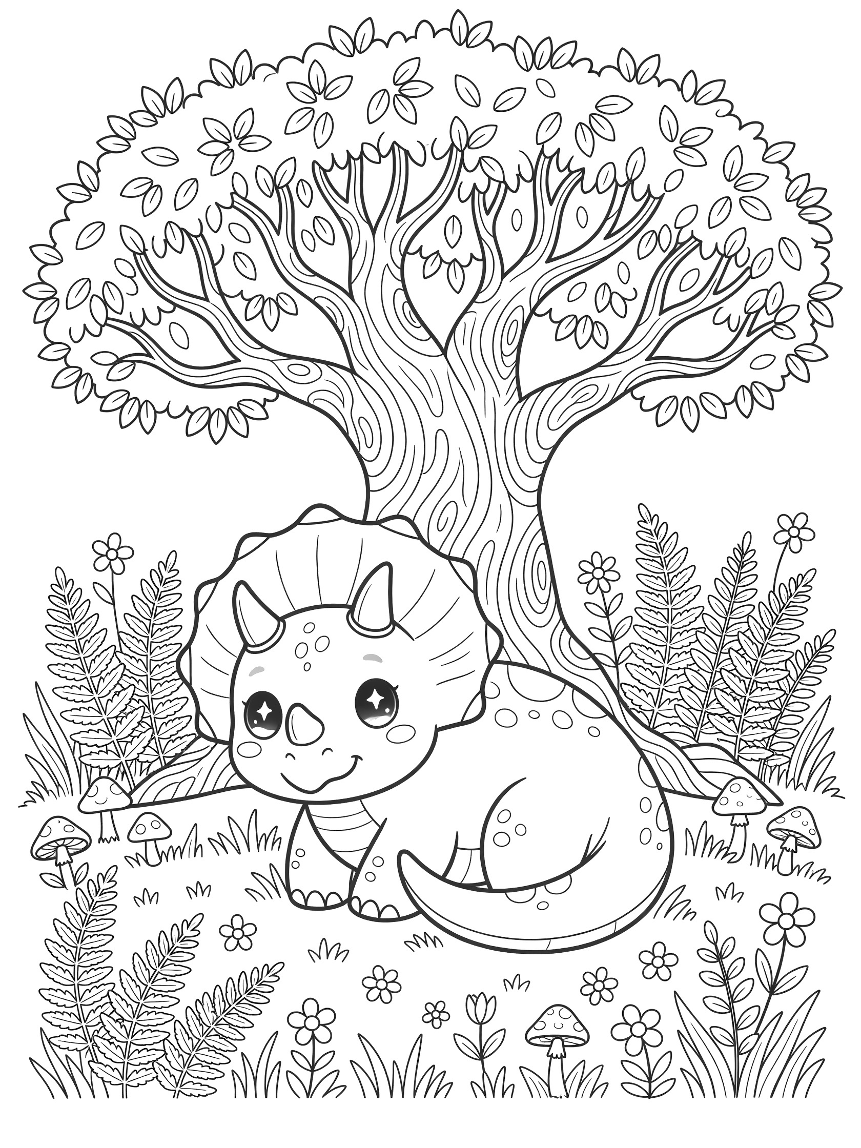 Kawaii Triceratops with big eyes and three horns resting under a large tree with ferns, mushrooms, grass and flowers coloring page
