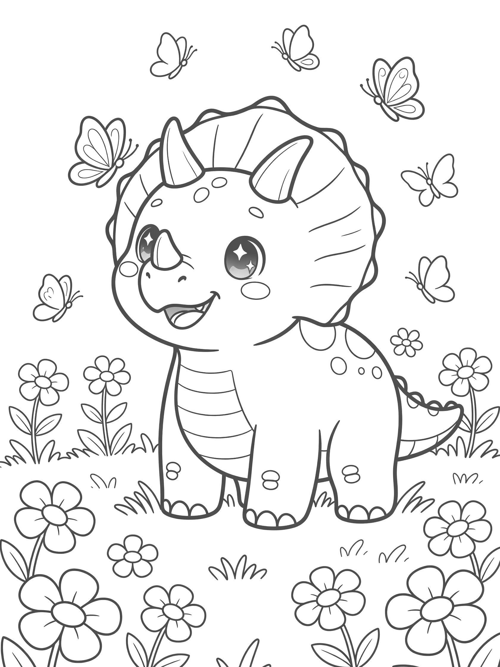 Black-and-white coloring page of a happy Triceratops dinosaur with three horns, butterflies fluttering around, flowers and grass in a meadow.